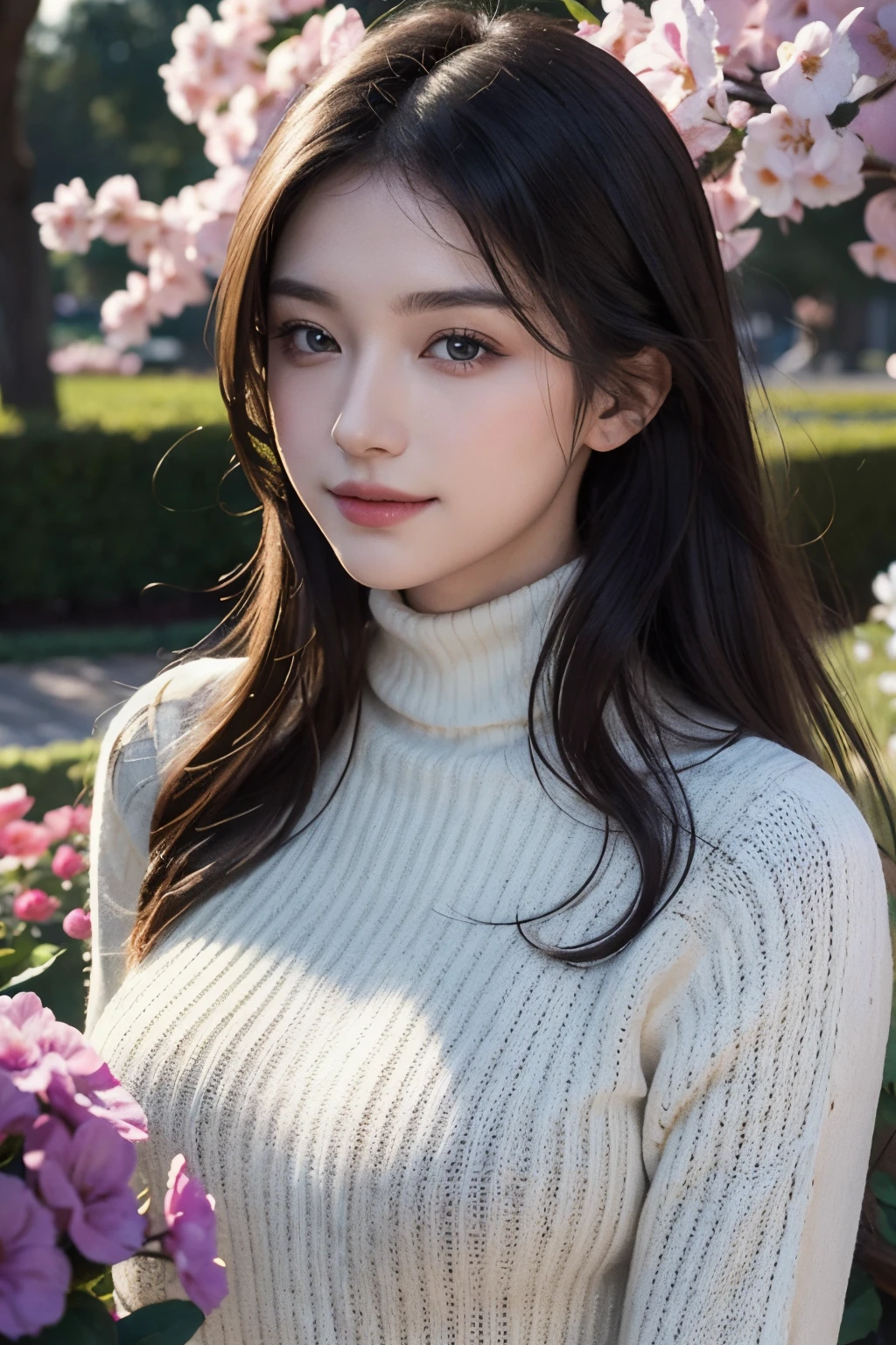 masterpiece,DSLR photo,analog style,nikon d5,real photo,a photo of a beautiful 20 year old woman,dramatic lighting (85mm),with Blooming garden in the background,(detailed facial features),(detailed shiny eyes),dynamic angle,Michelangelo style,long hair,turtleneck sweater,smiling face:1.4,