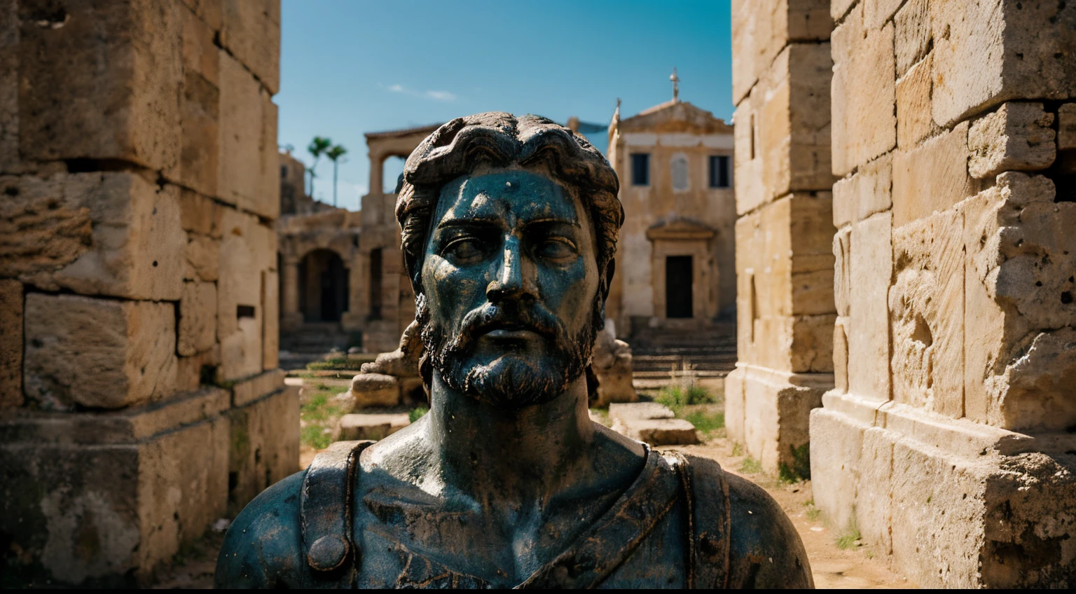 Ancient Stoic Statue With Very Angry Expression, tem barba, muitos detalhes em ambos os olhos, Outside, fundo atenas grego, open sky, com rosto extremamente detalhado full body view, Colors with low saturation with dark tone, Filmado em Sony A7S III com Sony FE 35mm f/1.8, 12.1 MP, --AR 3:2 --estilo cru