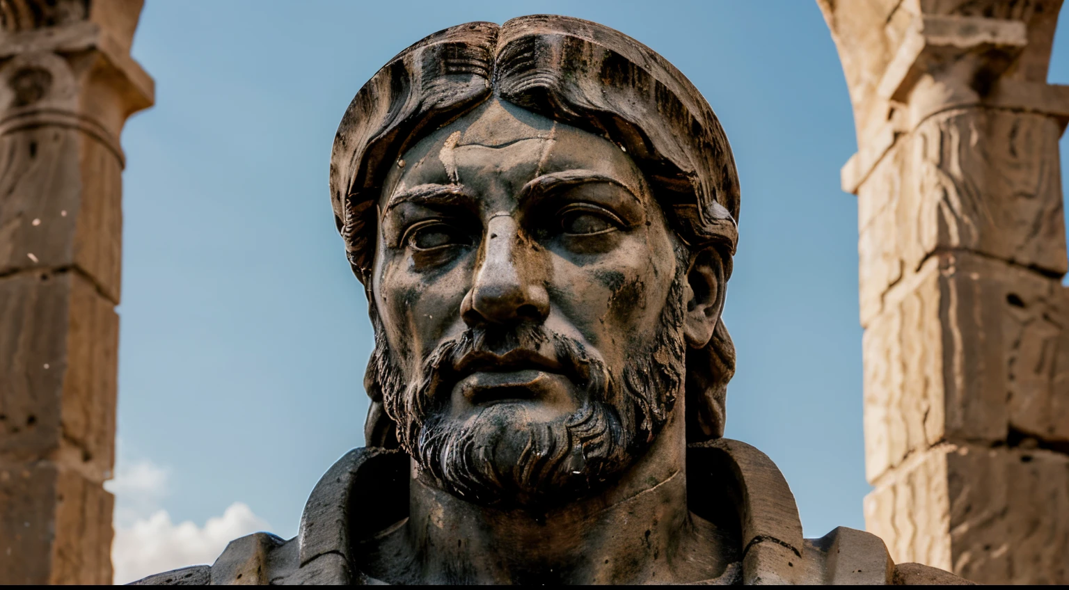 Ancient Stoic Statue With Very Angry Expression, tem barba, muitos detalhes em ambos os olhos, Outside, fundo atenas grego, open sky, com rosto extremamente detalhado full body view, Colors with low saturation with dark tone, Filmado em Sony A7S III com Sony FE 35mm f/1.8, 12.1 MP, --AR 3:2 --estilo cru