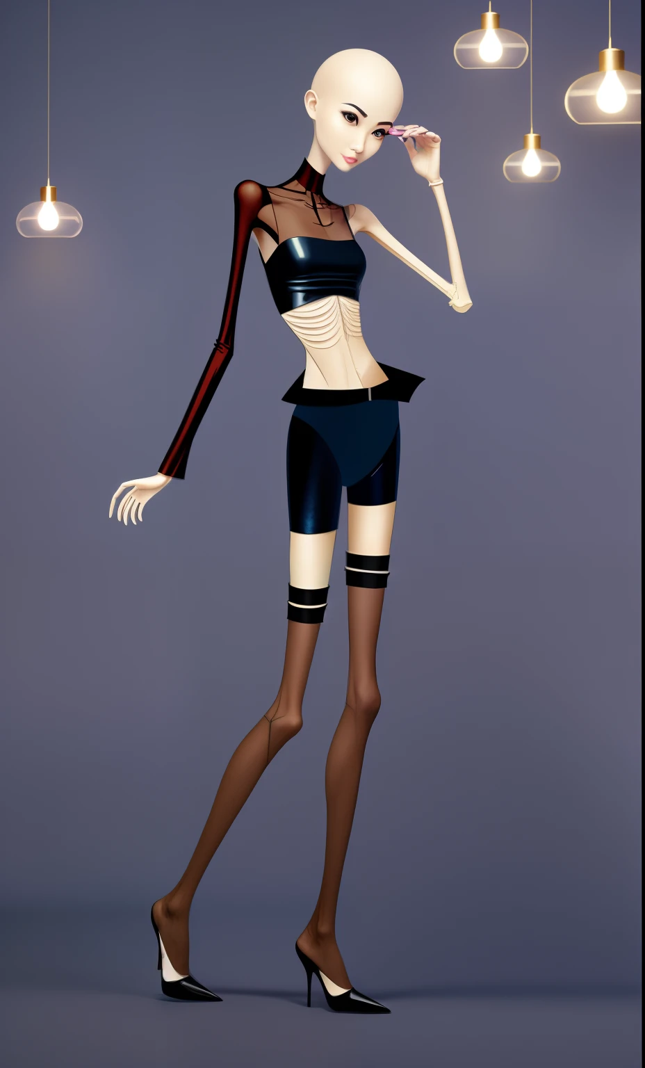 very thin woman,A thin body,Protruding sternum,The waist is very thin,The ribs are noticeable,Protruding ribs,The pelvic protrusion is very obvious,The pelvis is wide,flat drum,Legs are just skin and bones,thin shoulde,The waist is very thin,Sunken abdomen,Delicate arms,arm muscle atrophy,hunger,The lower abdomen is depressed,with short brown hair,Wear tight shiny leather pants,wear a belt,Expose your heels,wearing tight silk clothes,Wear black pleated stockings,Wear slippers,Asia face,The waist is particularly thin,angry look,Excessive weight loss,The face is sunken and thin,Severe malnutrition,thin female