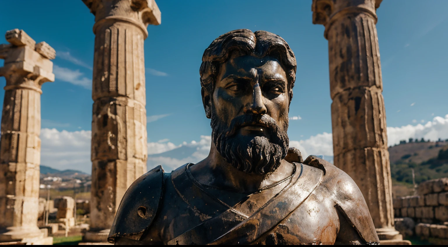 Ancient Stoic Statue With Very Angry Expression, tem barba, muitos detalhes em ambos os olhos, Outside, fundo atenas grego, open sky, com rosto extremamente detalhado full body view, Colors with low saturation with dark tone, Filmado em Sony A7S III com Sony FE 35mm f/1.8, 12.1 MP, --AR 3:2 --estilo cru