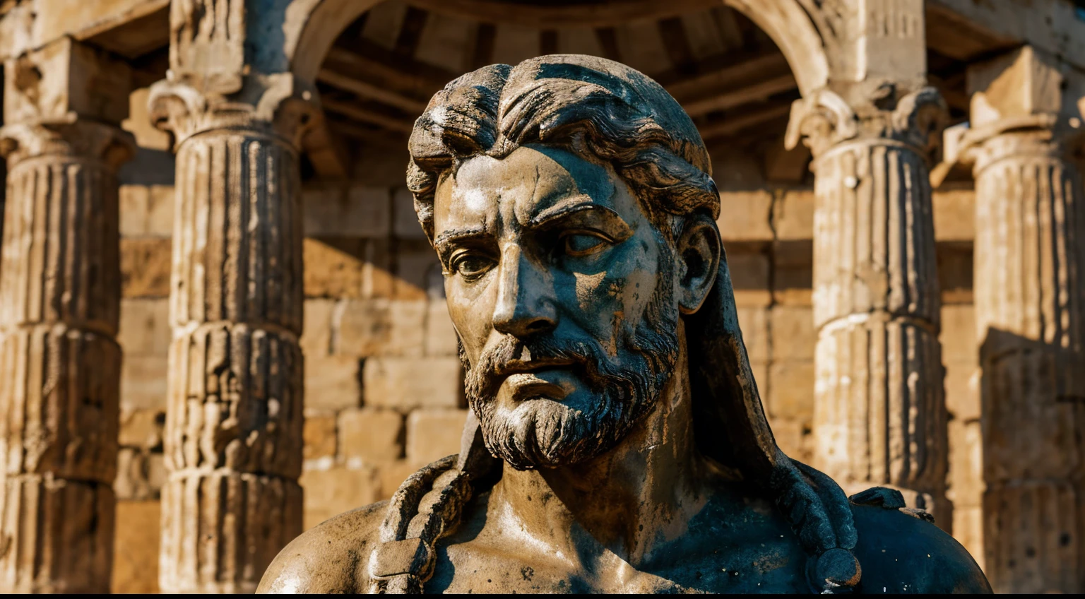 Ancient Stoic Statue With Very Angry Expression, tem barba, muitos detalhes em ambos os olhos, Outside, fundo atenas grego, open sky, com rosto extremamente detalhado full body view, Colors with low saturation with dark tone, Filmado em Sony A7S III com Sony FE 35mm f/1.8, 12.1 MP, --AR 3:2 --estilo cru
