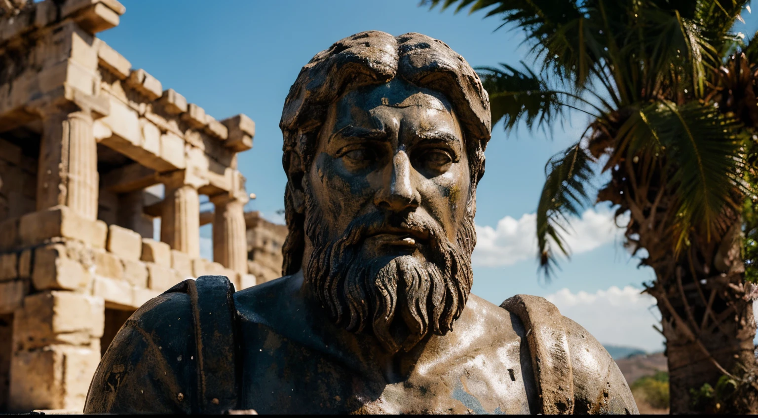 Ancient Stoic Statue With Very Angry Expression, tem barba, muitos detalhes em ambos os olhos, Outside, fundo atenas grego, open sky, com rosto extremamente detalhado full body view, Colors with low saturation with dark tone, Filmado em Sony A7S III com Sony FE 35mm f/1.8, 12.1 MP, --AR 3:2 --estilo cru