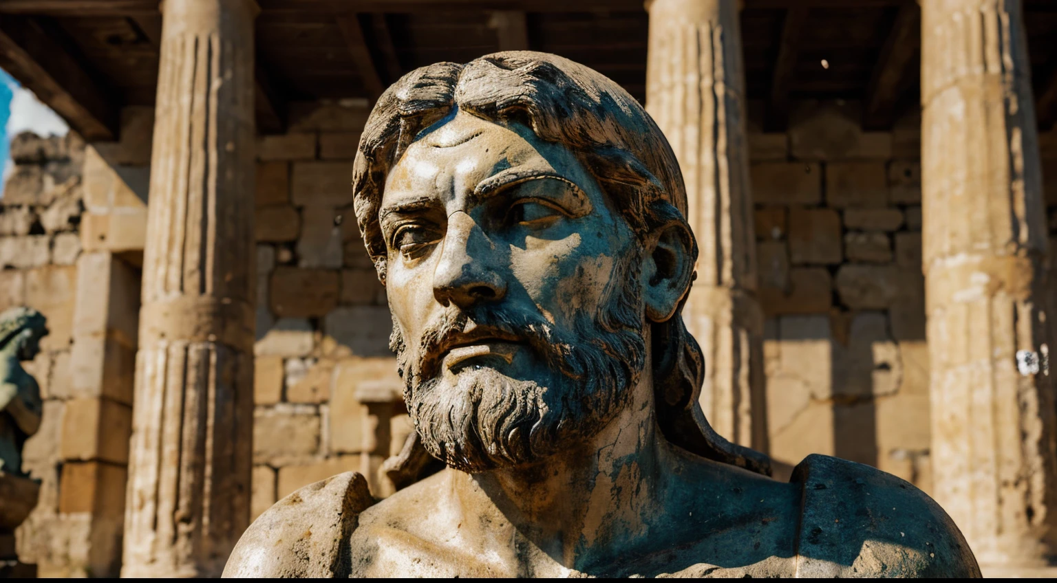 Ancient Stoic Statue With Very Angry Expression, tem barba, muitos detalhes em ambos os olhos, Outside, fundo atenas grego, open sky, com rosto extremamente detalhado full body view, Colors with low saturation with dark tone, Filmado em Sony A7S III com Sony FE 35mm f/1.8, 12.1 MP, --AR 3:2 --estilo cru