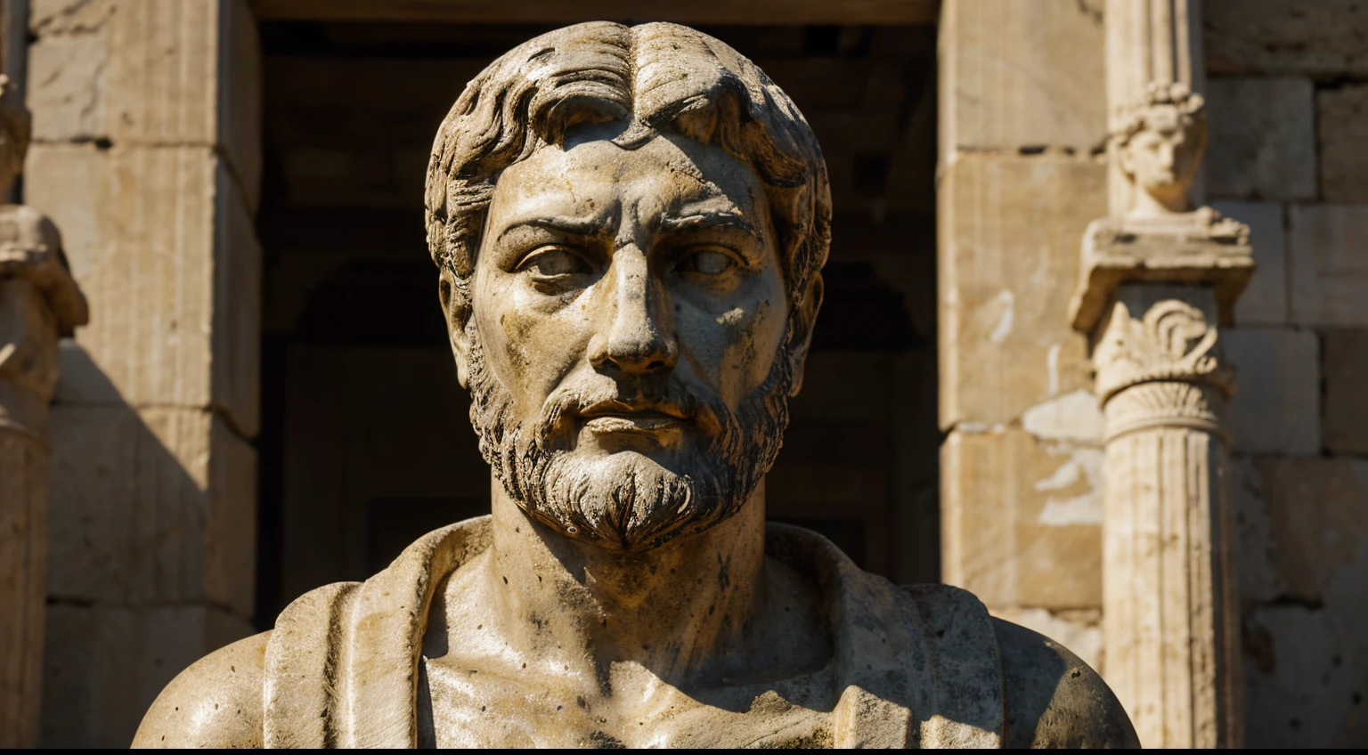 Ancient Stoic Statue With Very Angry Expression, tem barba, muitos detalhes em ambos os olhos, Outside, fundo atenas grego, open sky, com rosto extremamente detalhado full body view, Colors with low saturation with dark tone, Filmado em Sony A7S III com Sony FE 35mm f/1.8, 12.1 MP, --AR 3:2 --estilo cru