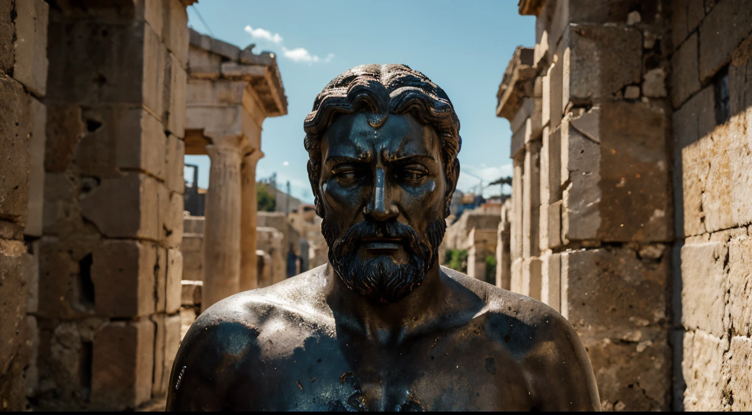 Ancient Stoic Statue With Very Angry Expression, tem barba, muitos detalhes em ambos os olhos, Outside, fundo atenas grego, open sky, com rosto extremamente detalhado full body view, Colors with low saturation with dark tone, Filmado em Sony A7S III com Sony FE 35mm f/1.8, 12.1 MP, --AR 3:2 --estilo cru