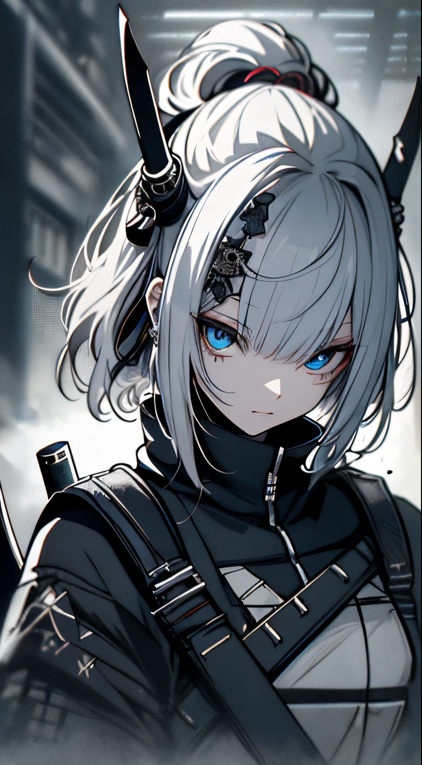 Japanese Katana Sword、Samurai sword、Full body、White one-piece military uniform、over-kneehighs, Grey Hair,(masutepiece:1.2, Best Quality), (finely detailed beautiful eye: 1.2), (Detailed background,Dark Fantasy), (beautifull detailed face), High contrast, (Best Illumination, extremely delicate and beautiful), ((Cinematic Light)), Colorful, Hyper Detail, Dramatic light, Intricate details,Very blue eyes,