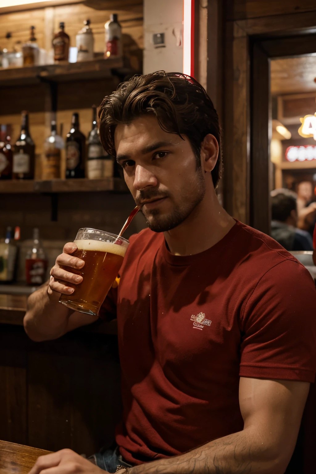 Characteristics: Esse homem deve estar usando roupa vermelha.

scenecy: He must be inside a bar

Share: He's drinking beer

Quality: Foto ultra realista, qualidade 8k, fullhd Description: description: Make a