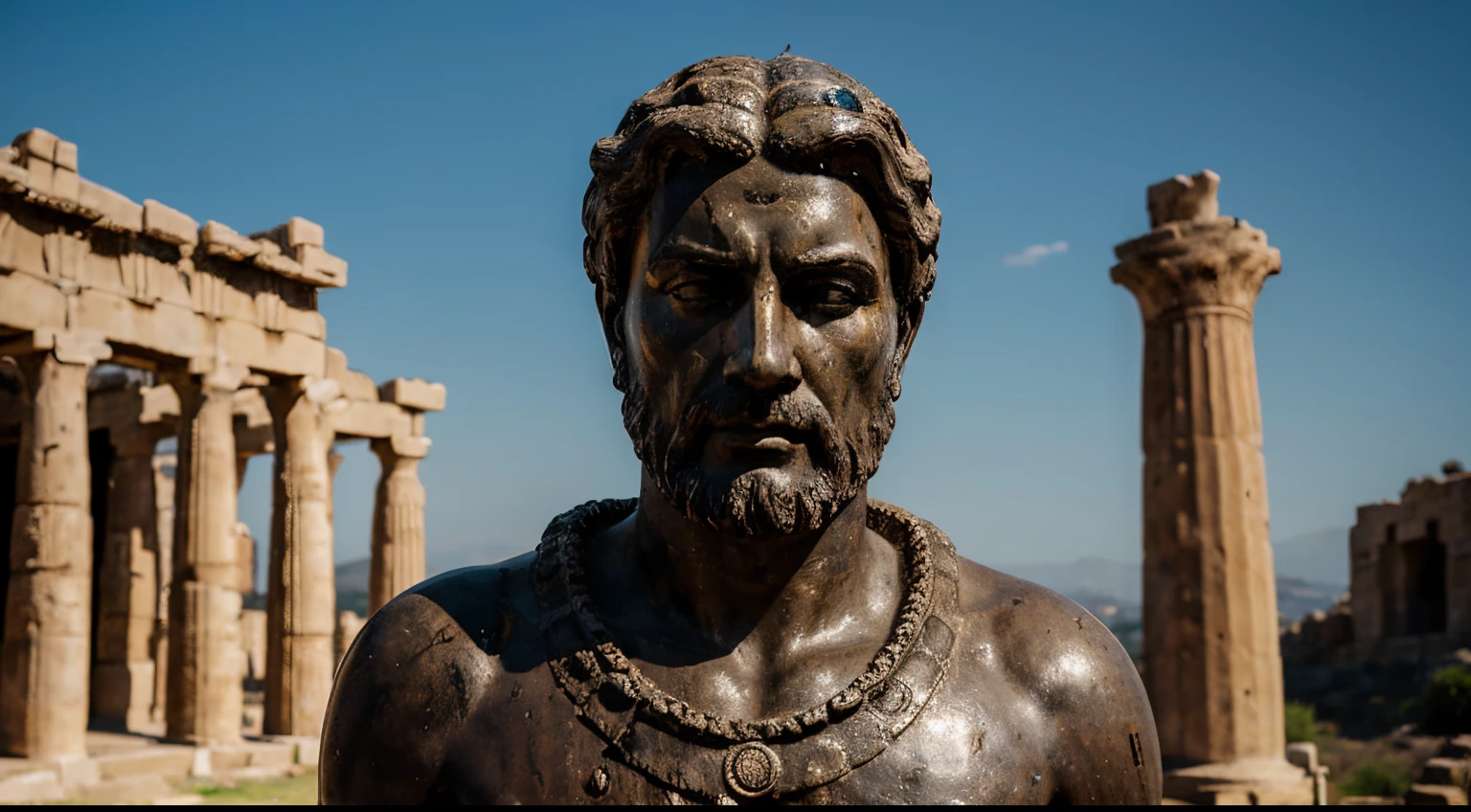 Ancient Stoic Statue With Very Angry Expression, tem barba, muitos detalhes em ambos os olhos, Outside, fundo atenas grego, open sky, com rosto extremamente detalhado full body view, Colors with low saturation with dark tone, Filmado em Sony A7S III com Sony FE 35mm f/1.8, 12.1 MP, --AR 3:2 --estilo cru