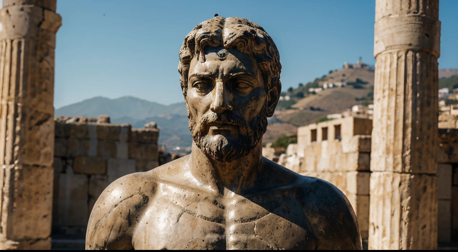 Ancient Stoic Statue With Very Angry Expression, tem barba, muitos detalhes em ambos os olhos, Outside, fundo atenas grego, open sky, com rosto extremamente detalhado full body view, Colors with low saturation with dark tone, Filmado em Sony A7S III com Sony FE 35mm f/1.8, 12.1 MP, --AR 3:2 --estilo cru