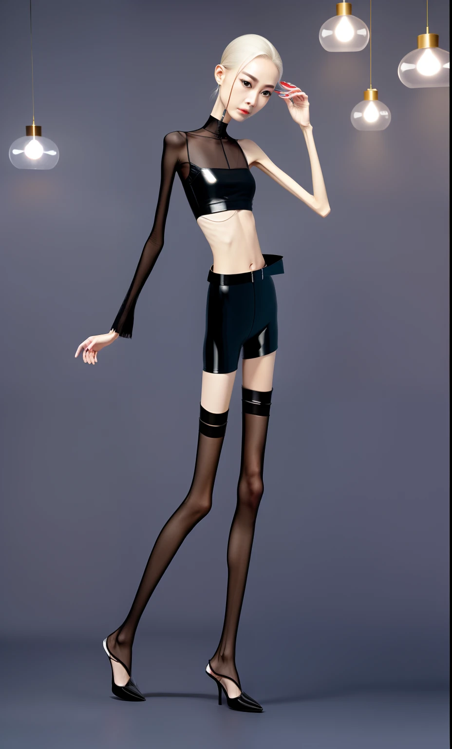 very thin woman,A thin body,Protruding sternum,The waist is very thin,The ribs are noticeable,Protruding ribs,The pelvic protrusion is very obvious,The pelvis is wide,flat drum,Legs are just skin and bones,thin shoulde,The waist is very thin,The heel is obvious,Thin leg,Sunken abdomen,Delicate arms,Weak arm muscles,hunger,sunken lower abdomen,short detailed hair,Wear tight shiny leather pants,wear a belt,Wearing black tight stockings,Wear slippers,Asia face,The waist is particularly thin,angry look,Excessive weight loss,The face is sunken and thin,Severe malnutrition,thin female