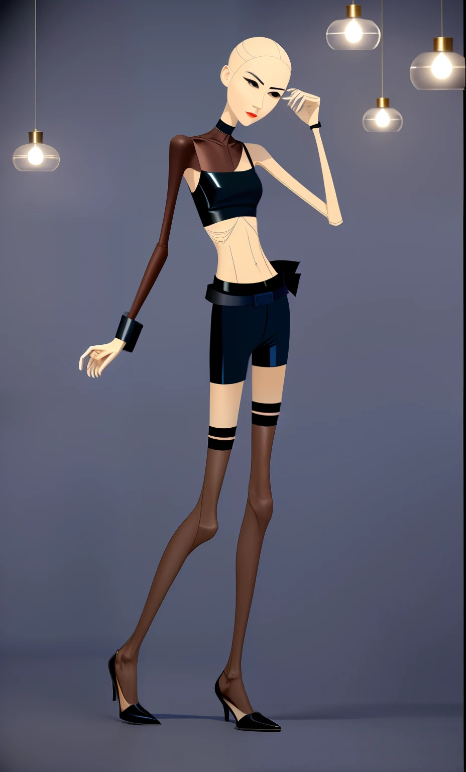 very thin woman，A thin body，Protruding sternum，The waist is very thin，The ribs are noticeable，Protruding ribs，The pelvic protrusion is very obvious，The pelvis is wide，flat drum，Legs are just skin and bones，thin shoulde，The waist is very thin，Sunken abdomen，Delicate arms，arm muscle atrophy，hunger，Knee bulge，sunken lower abdomen，with short brown hair，Wear tight shiny leather pants，wear a belt，Expose your heels，wearing tight silk clothes，Wear black pleated stockings，Wear slippers，Asia face，The waist is particularly thin，angry look，Excessive weight loss，The face is sunken and thin，Severe malnutrition，thin female