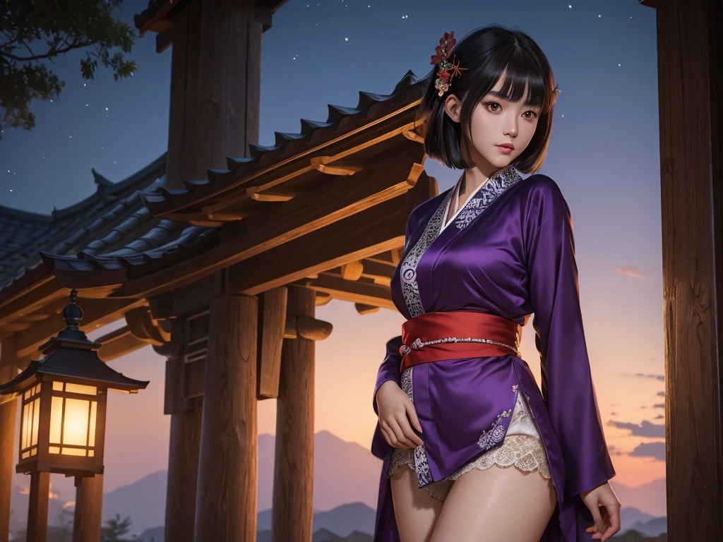 (8K、RAW Photography、top-quality)、(realisitic、Photorealsitic:1.37)、女の子1人、japanes、23years old、femele、during night、(Realistic, Photorealistic: 1.37), (Face Focus: 1.1), Cute face, ,Upper eyes、sexy body,dark brown hair、shrine maiden hair ornament、long hair bob cut、详细的脸、Detailed lips、detailedeyes、Casual attire、More skin、large full breasts, garments（shrine maiden,Beautiful satin purple kimono）, Kindness, ( stand with legs spread apart, thighs thighs thighs thighs:1.2), small lace pants（red）, Movie Lighting、Night city、BREAK (Natural Skin Texture、Detailed skin、Hyper-Realism、ultra sharpness)、超A high resolution、top-quality、shot from a low-angle