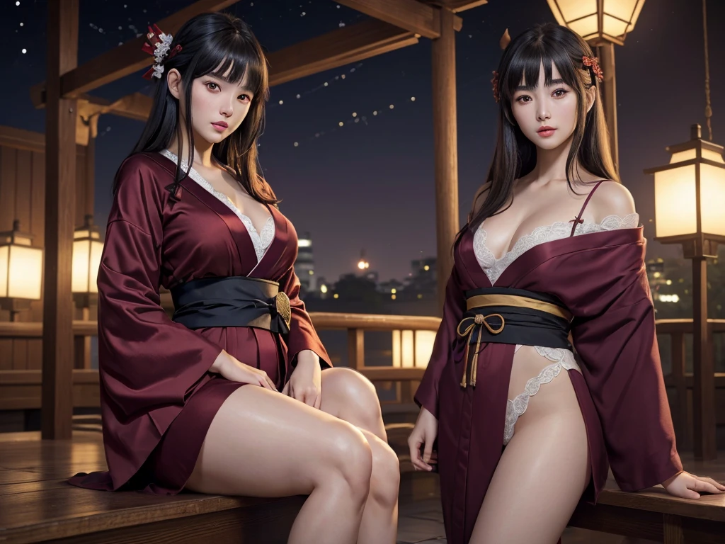 (8K、RAW Photography、top-quality)、(realisitic、Photorealsitic:1.37)、1人、japanes、23years old、femele、during night、(Realistic, Photorealistic: 1.37), (Face Focus: 1.1), Cute face, ,Upper eyes、sexy body,dark brown hair、shrine maiden hair ornament、long hair bob cut、详细的脸、Detailed lips、detailedeyes、Casual attire、More skin、large full breasts, garments(shrine maiden,Beautiful satin purple kimono), Kindness, ( stand with legs spread apart, thighs thighs thighs thighs:1.2), small lace pants(red), Movie Lighting、Night city、BREAK (Natural Skin Texture、Detailed skin、Hyper-Realism、ultra sharpness)、超A high resolution、top-quality、shot from a low-angle