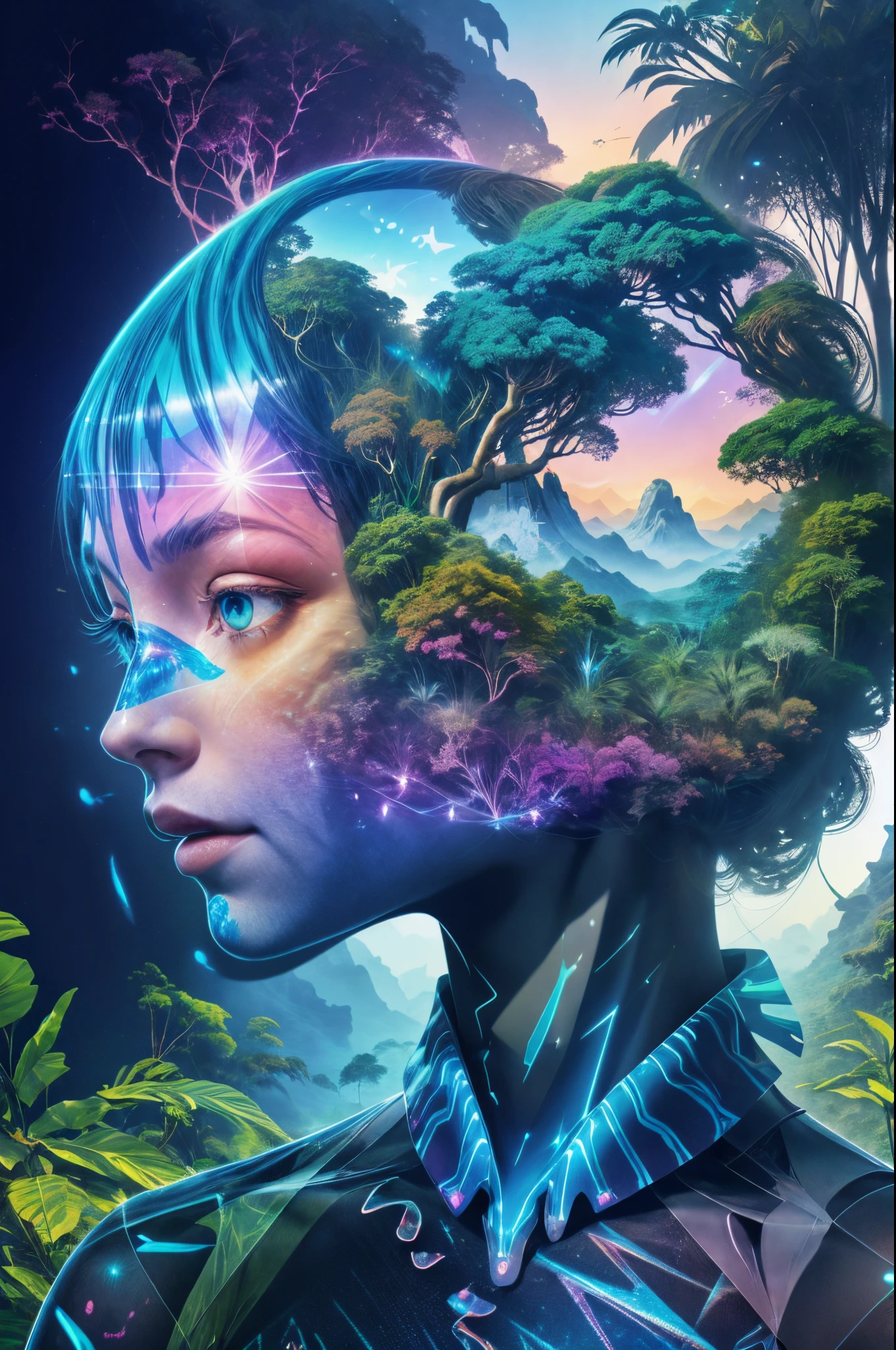 Mecha girl avatar，Futuristic virtual holographic digital image background，（Doubleexposure：1.8），Complex illustrations in surrealist art style，Surreal dreams，Become an invisible virtual hologram，Transparent people，Virtual holographic digital image