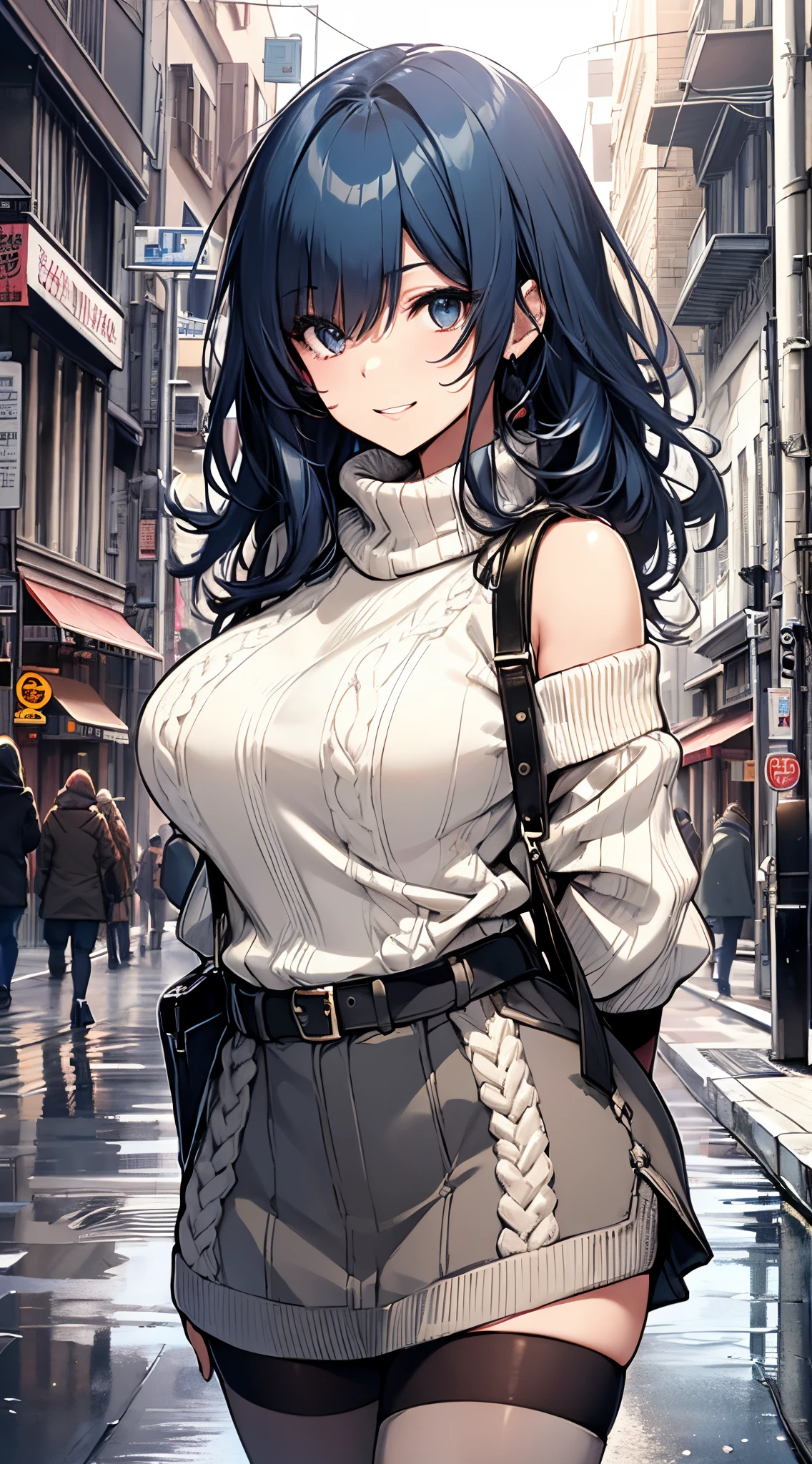 top-quality、supreme1People Girls,hightquality,A detailed face、A detailed eye、Detailed nose、Detailed mouth、 Beautiful expression, ((masuter piece)), ((High resolution)), ((Best Quality)), detail, (Excited face.Very happy,),(Off-shoulder knit sweater、Tight mini skirt、Black stockings、long boots、One bag)、 girl with,Blue-haired, (Long straight hair)、Standing figure、fair white skin:1.3、、Big breasts, cinmatic lighting, perfectly shaded,(((In the street))), Realistic lighting with shades,Reflecting the whole body