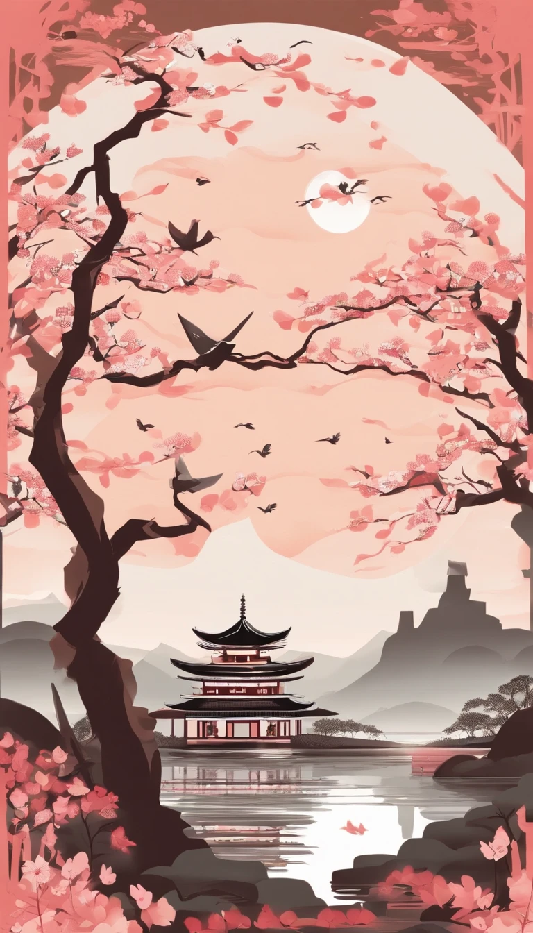 ancient wind，Beautiful pavilion，Peach blossoms bloom，​​clouds，natta，themoon，Towards art，k hd，Hyper-Resolution，Accuracy，detail render，（Best quality at best）（Master masterpieces）（High degree of completion）（a sense of atmosphere）tmasterpiece，ultra - detailed