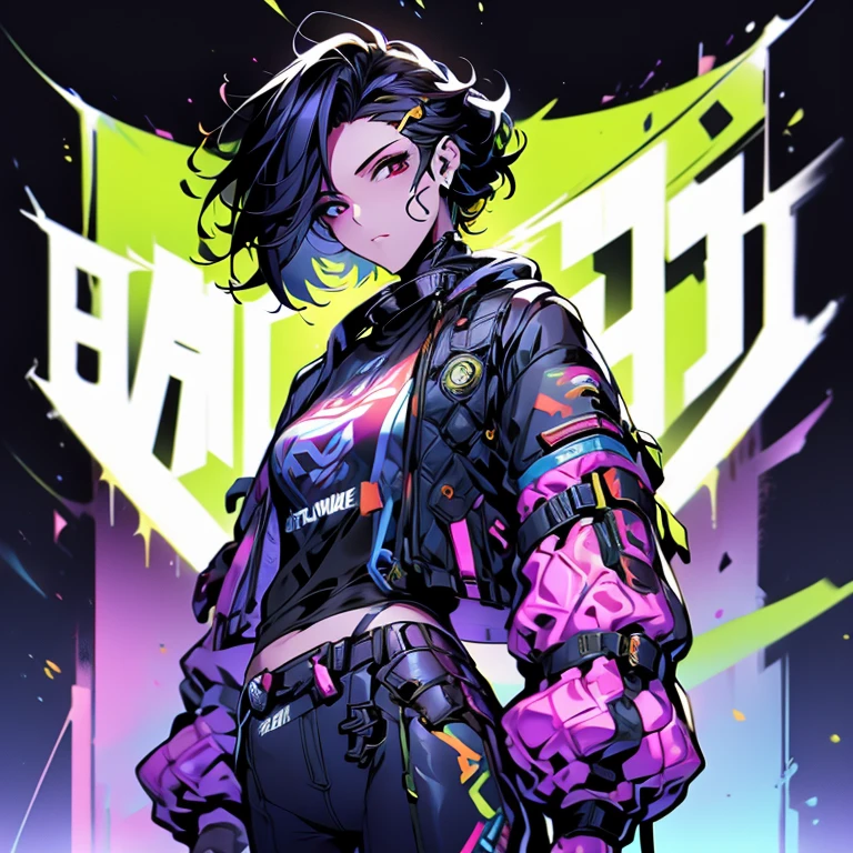 Adolescente de cabelo grande brancos de olhos vermelhos camisetas laranjas no estilo futurista com um design legal de anime