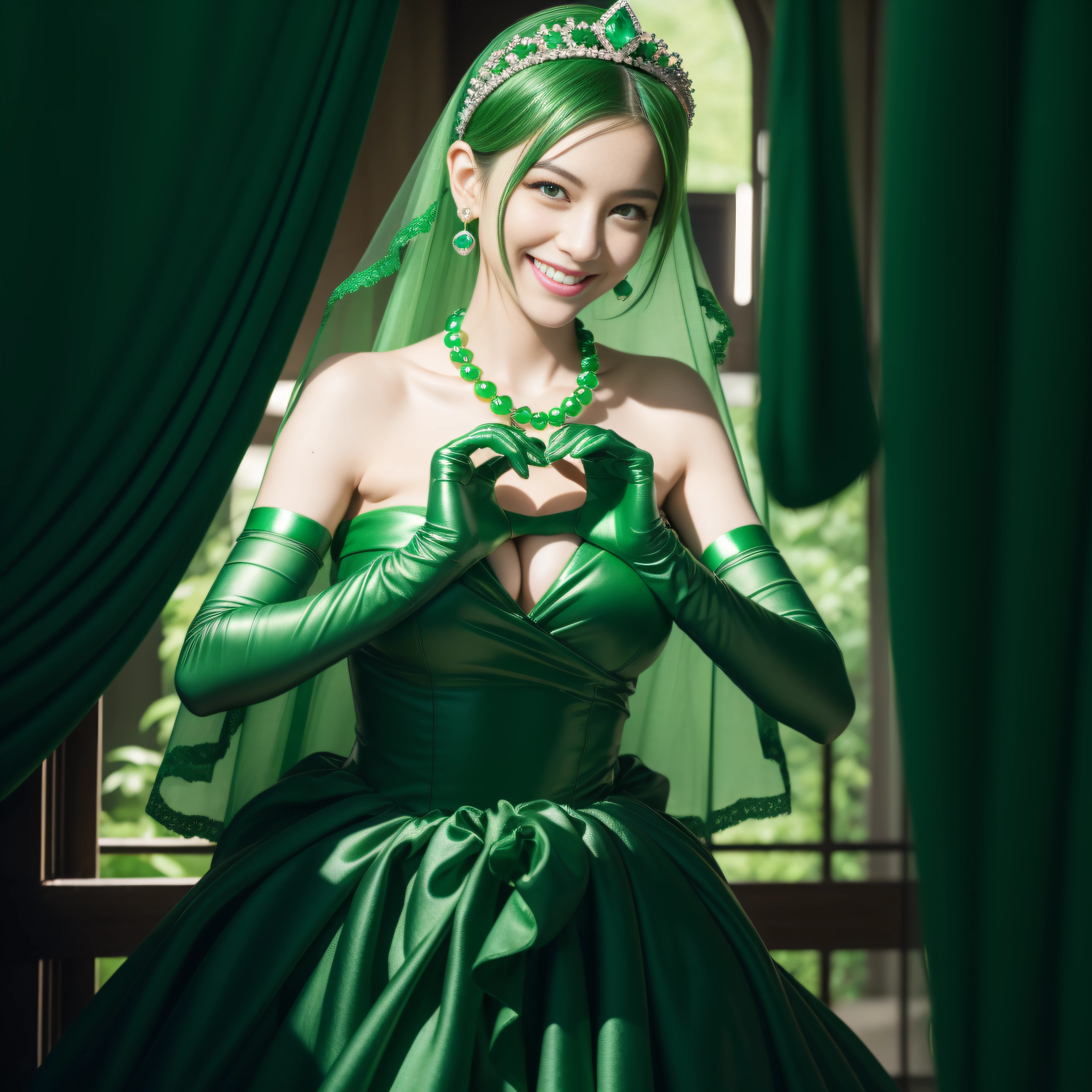 emerald tiara, Green Pearl Necklace, Boyish very short green hair, lipsticks, Japan woman smiling, very short short hair,  big breasts beautiful, Green eyes, Long green gloves made of satin material, Green eyes, Emerald Earrings, green vale, Heart with both hands, Green hair