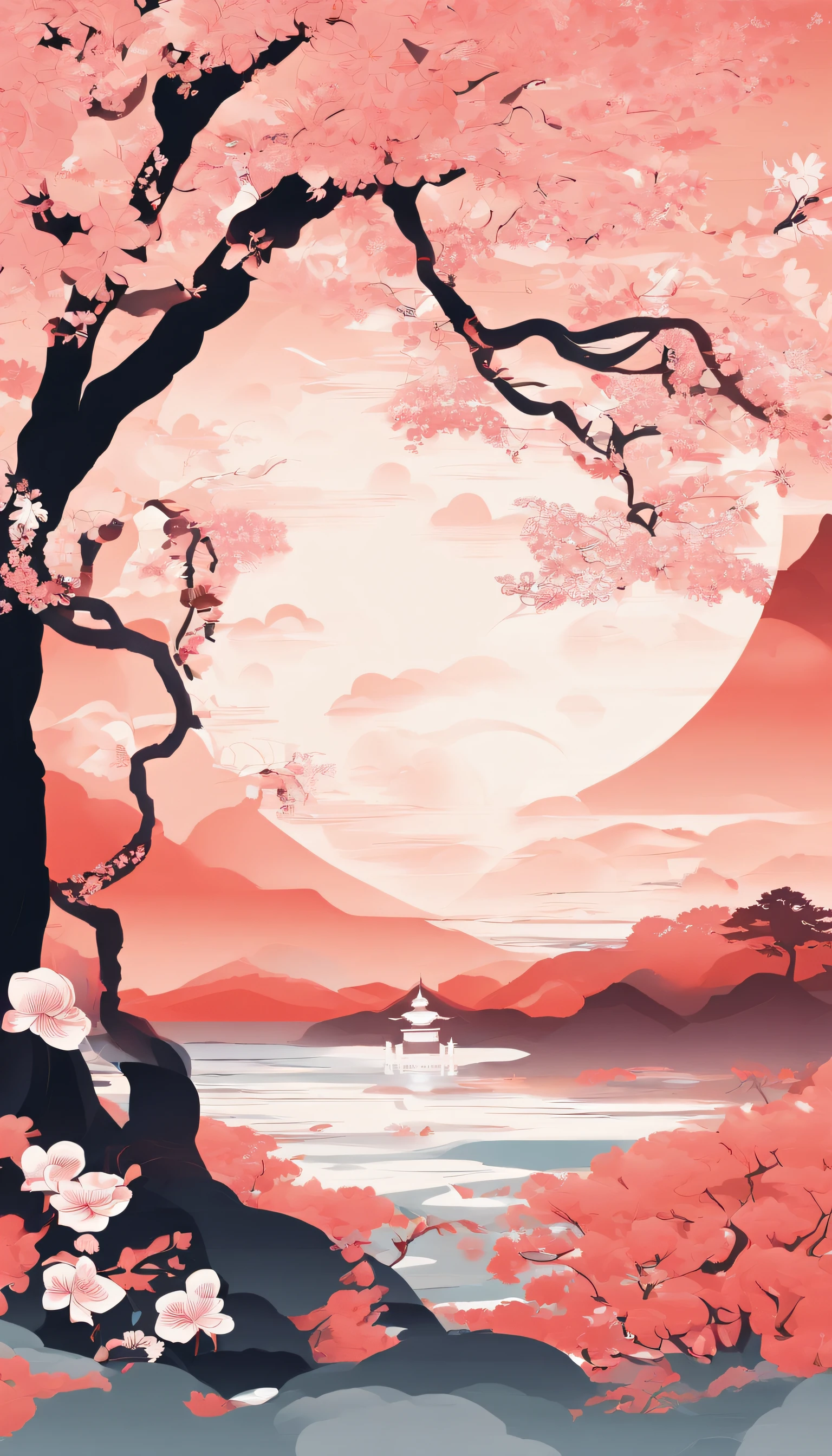 ancient wind,Beautiful pavilion,Peach blossoms bloom,clouds,natta,themoon,Towards art,k hd,Hyper-Resolution,Accuracy,detail render,(Best quality at best)(Master masterpieces)(High degree of completion)(a sense of atmosphere)tmasterpiece,ultra - detailed