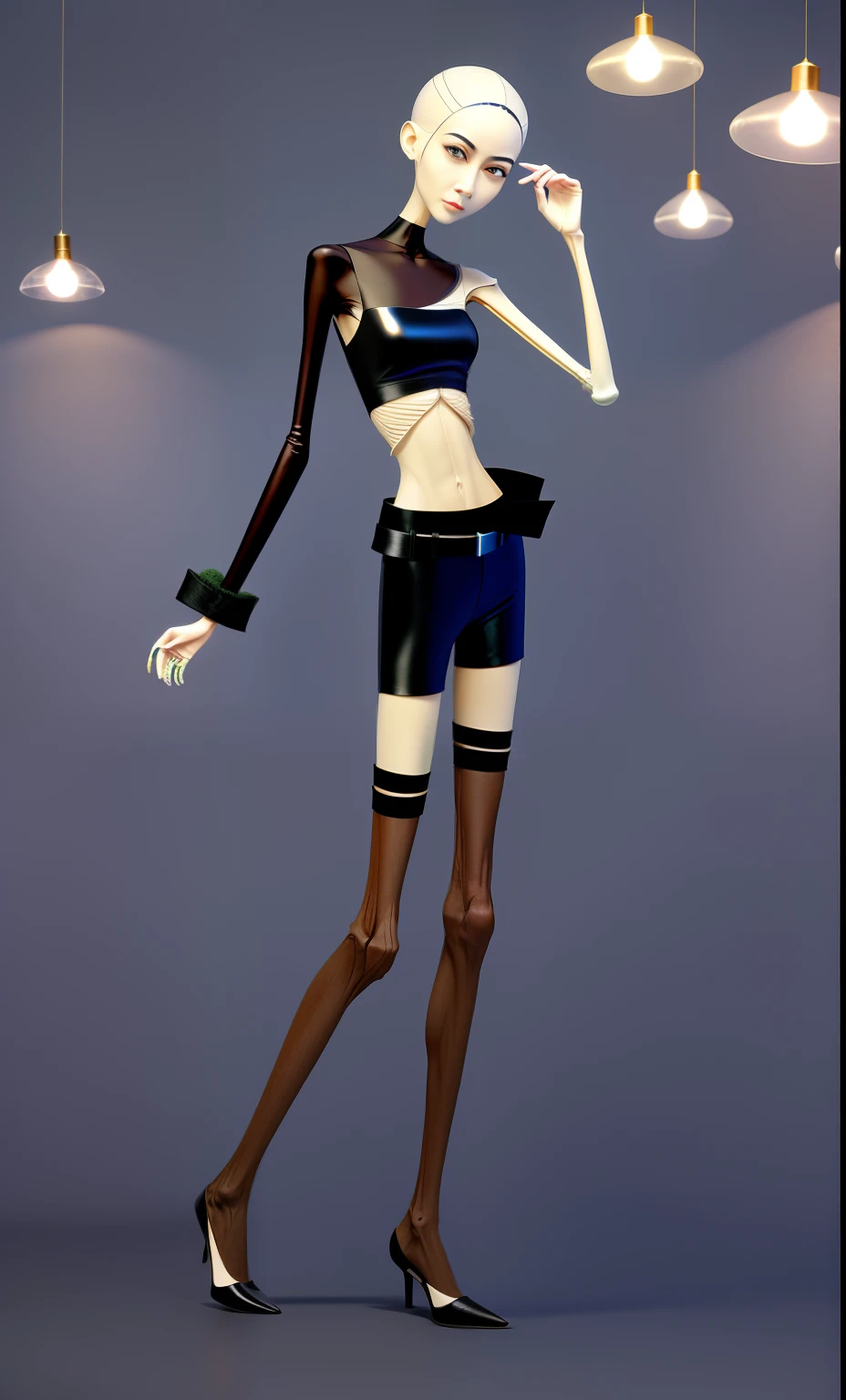 very thin woman,A thin body,Protruding sternum,The waist is very thin,The ribs are noticeable,Protruding ribs,The pelvic protrusion is very obvious,The pelvis is wide,flat drum,Legs are just skin and bones,thin shoulde,The waist is very thin,Sunken abdomen,Delicate arms,arm muscle atrophy,hunger,Knee bulge,The lower abdomen is depressed,with short brown hair,Wear tight shiny leather pants,wear a belt,Expose your heels,wearing tight silk clothes,Wear black pleated stockings,Wear slippers,Asia face,The waist is particularly thin,angry look,Excessive weight loss,The face is sunken and thin,Severe malnutrition,thin female,Photorealistic photos