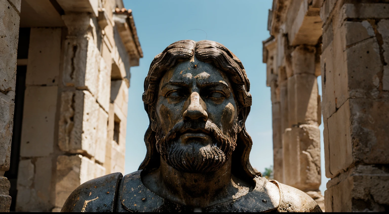 Ancient Stoic Statue With Very Angry Expression, tem barba, muitos detalhes em ambos os olhos, Outside, fundo atenas grego, open sky, com rosto extremamente detalhado full body view, Colors with low saturation with dark tone, Filmado em Sony A7S III com Sony FE 35mm f/1.8, 12.1 MP, --AR 3:2 --estilo cru