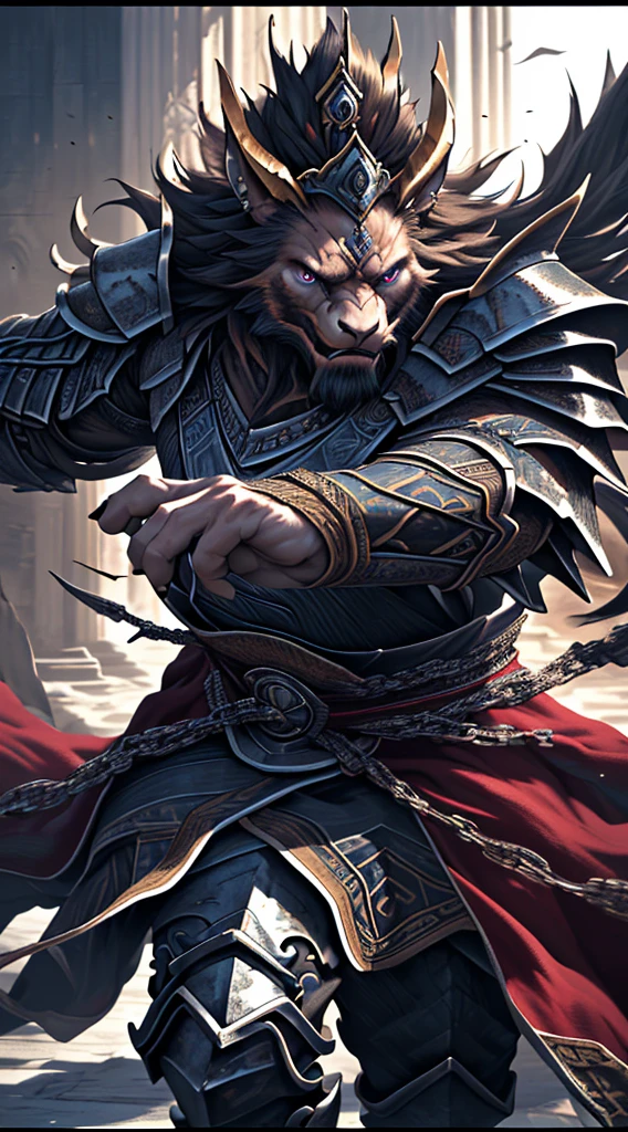 (best quality,4k,8k,highres,masterpiece:1.2),ultra-detailed,(realistic,photorealistic,photo-realistic:1.37),portrait,painting,dark,dramatic colors,sharp focus,stunning lighting,menacing presence,regal,warrior,sharp facial features,piercing eyes,beard,crown,armor,ornate design,muscular build,intense gaze,fiery background,action pose,extreme detail description