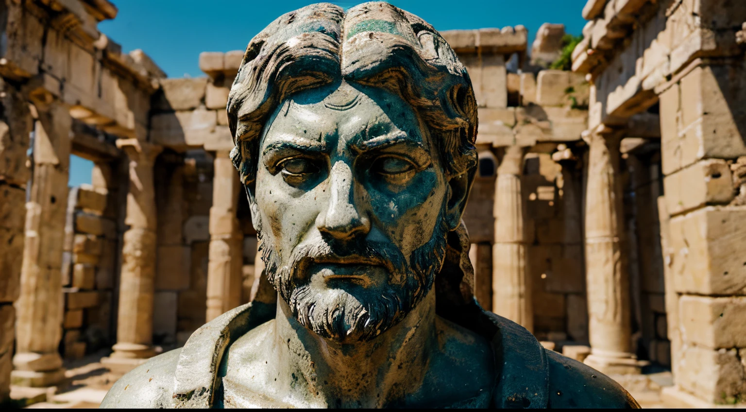 Ancient Stoic Statue With Very Angry Expression, tem barba, muitos detalhes em ambos os olhos, Outside, fundo atenas grego, open sky, com rosto extremamente detalhado full body view, Colors with low saturation with dark tone, Filmado em Sony A7S III com Sony FE 35mm f/1.8, 12.1 MP, --AR 3:2 --estilo cru