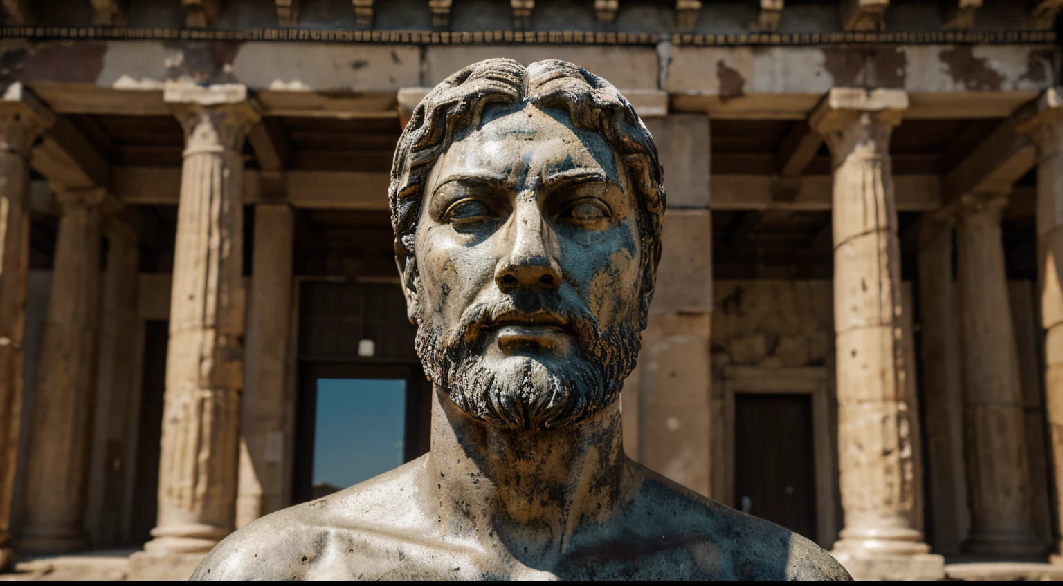 Ancient Stoic Statue With Very Angry Expression, tem barba, muitos detalhes em ambos os olhos, Outside, fundo atenas grego, open sky, com rosto extremamente detalhado full body view, Colors with low saturation with dark tone, Filmado em Sony A7S III com Sony FE 35mm f/1.8, 12.1 MP, --AR 3:2 --estilo cru