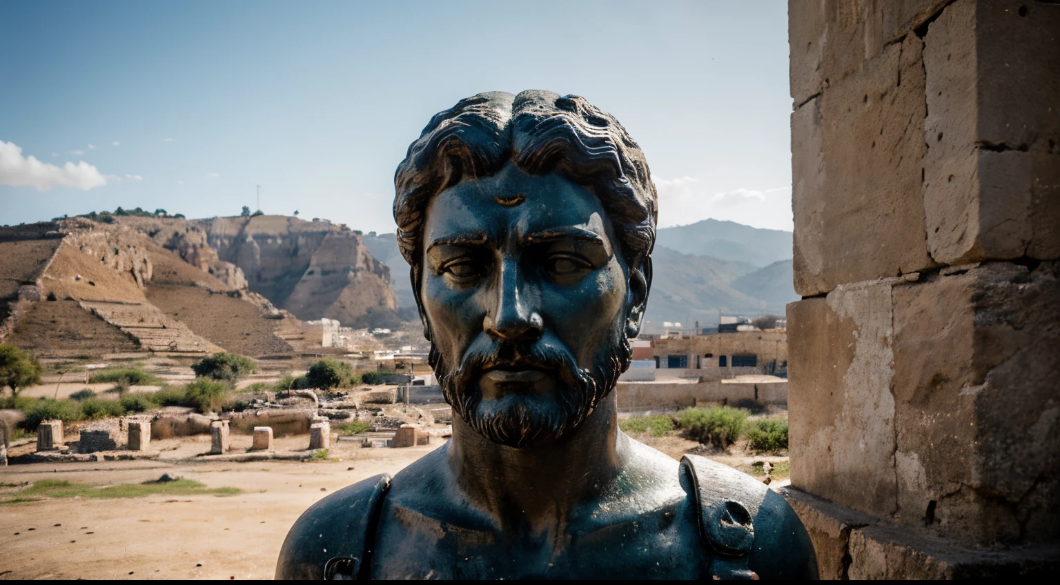 Ancient Stoic Statue With Very Angry Expression, tem barba, muitos detalhes em ambos os olhos, Outside, fundo atenas grego, open sky, com rosto extremamente detalhado full body view, Colors with low saturation with dark tone, Filmado em Sony A7S III com Sony FE 35mm f/1.8, 12.1 MP, --AR 3:2 --estilo cru