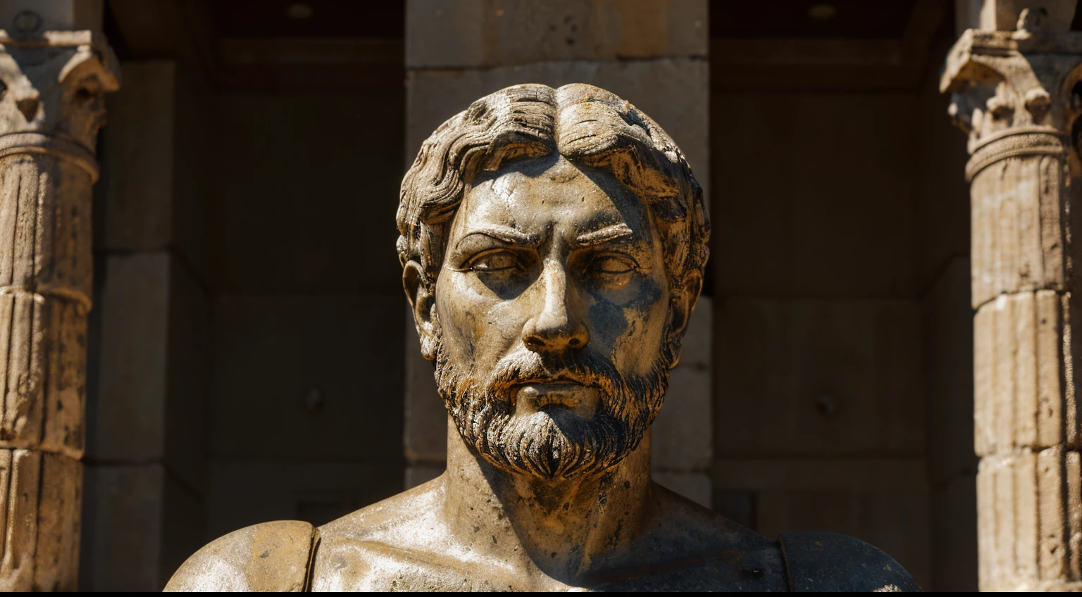 Ancient Stoic Statue With Very Angry Expression, tem barba, muitos detalhes em ambos os olhos, Outside, fundo atenas grego, open sky, com rosto extremamente detalhado full body view, Colors with low saturation with dark tone, Filmado em Sony A7S III com Sony FE 35mm f/1.8, 12.1 MP, --AR 3:2 --estilo cru