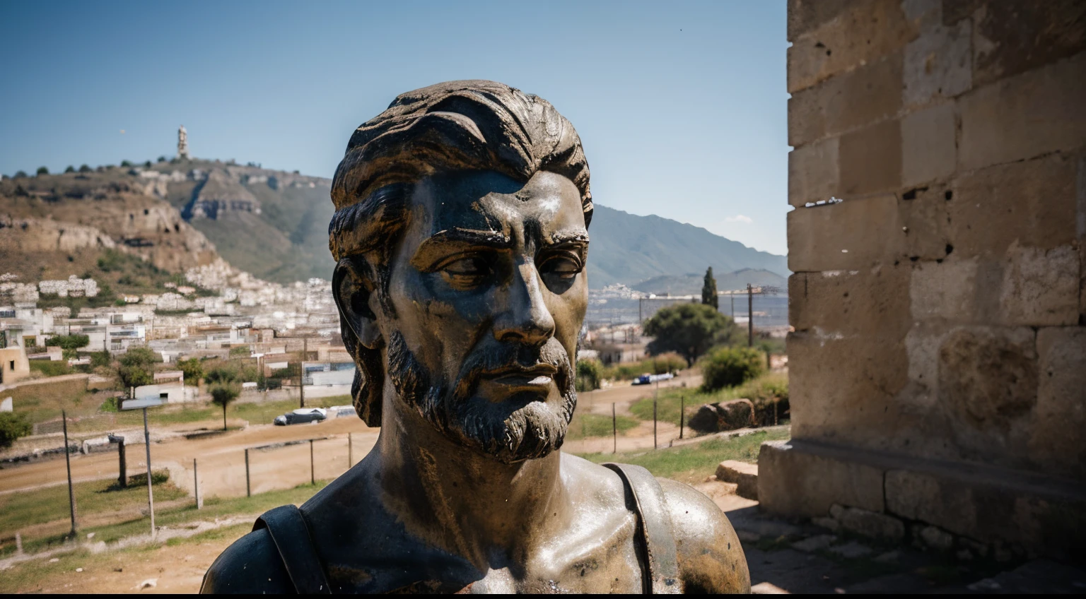 Ancient Stoic Statue With Very Angry Expression, tem barba, muitos detalhes em ambos os olhos, Outside, fundo atenas grego, open sky, com rosto extremamente detalhado full body view, Colors with low saturation with dark tone, Filmado em Sony A7S III com Sony FE 35mm f/1.8, 12.1 MP, --AR 3:2 --estilo cru