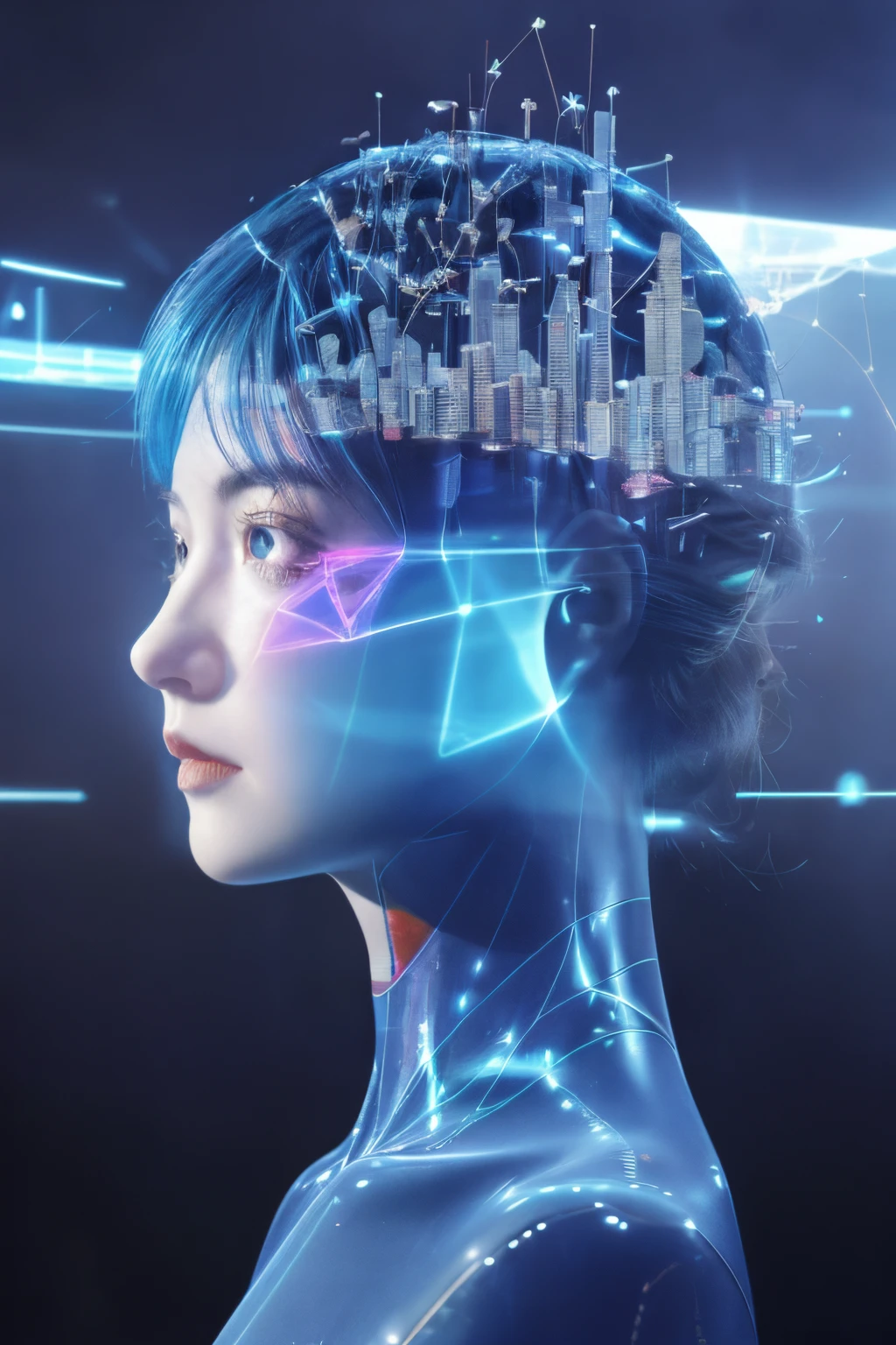 Mecha girl avatar，Futuristic virtual holographic digital image background，（Doubleexposure：1.8），Complex illustrations in surrealist art style，Surreal dreams，Become an invisible virtual hologram，Transparent people，Virtual holographic digital image