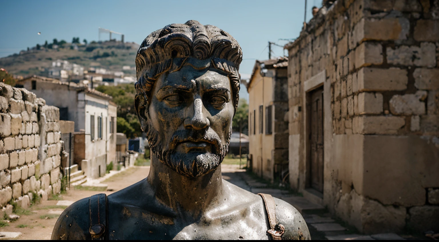 Ancient Stoic Statue With Very Angry Expression, tem barba, muitos detalhes em ambos os olhos, Outside, fundo atenas grego, open sky, com rosto extremamente detalhado full body view, Colors with low saturation with dark tone, Filmado em Sony A7S III com Sony FE 35mm f/1.8, 12.1 MP, --AR 3:2 --estilo cru