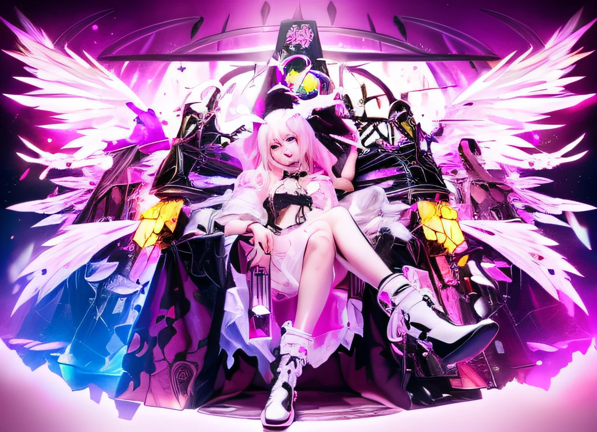Shiny blonde hair、Fallen Angel、cross-legs sitting、white  boots、Pink hair ornament、black gothic lolita tank top、black goth loli mini skirt、Fantasy Background、Devil's Wings、cosmic space、White sheer blouse、Tsundere、light skinned、skinny  body