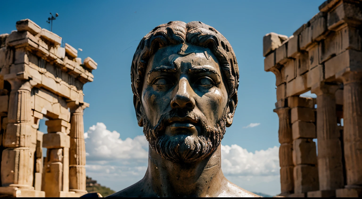 Ancient Stoic Statue With Very Angry Expression, tem barba, muitos detalhes em ambos os olhos, Outside, fundo atenas grego, open sky, com rosto extremamente detalhado full body view, Colors with low saturation with dark tone, Filmado em Sony A7S III com Sony FE 35mm f/1.8, 12.1 MP, --AR 3:2 --estilo cru