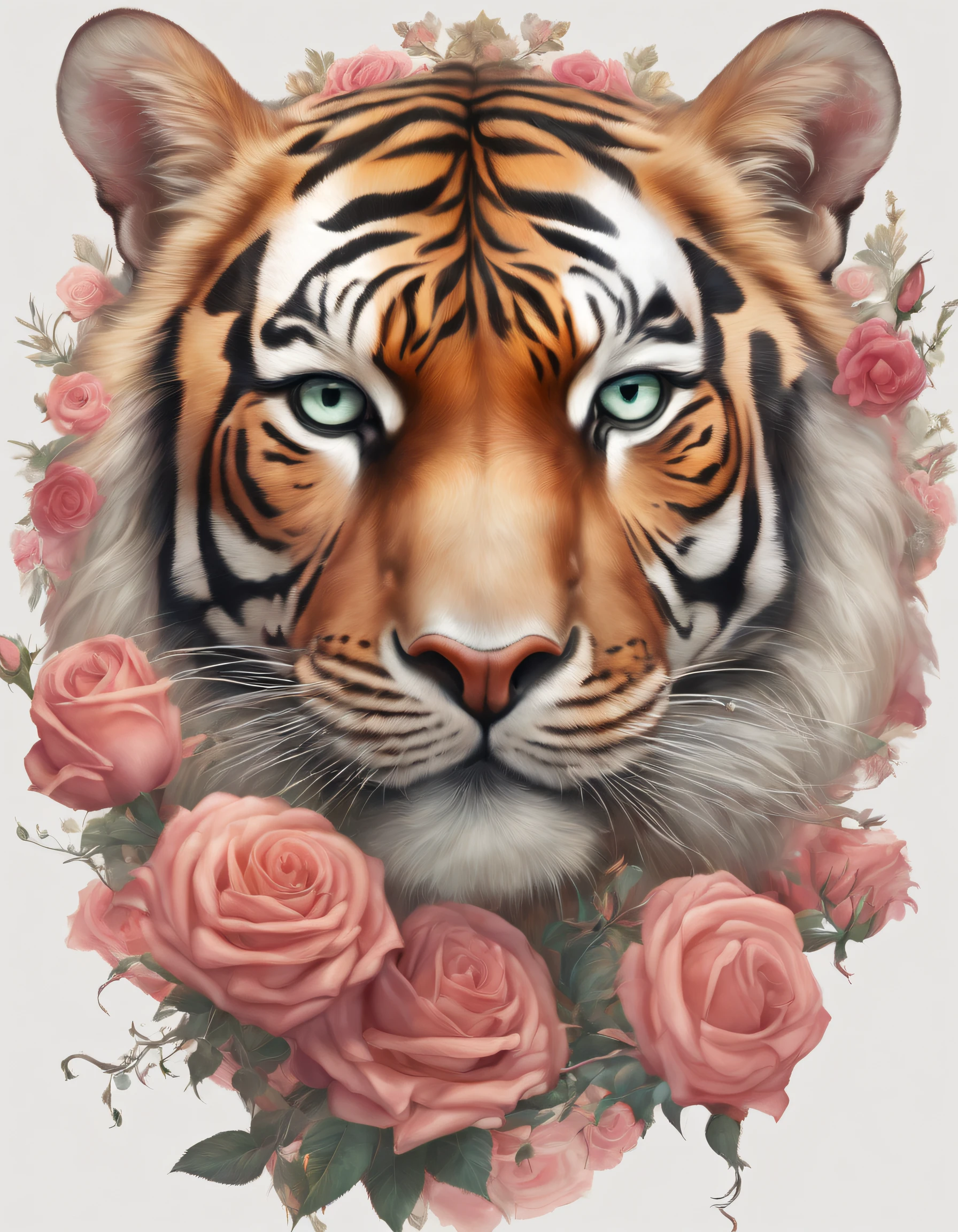 Tigre,Rosa flower,(double contact:1.8),Tiger sniffing roses,Complex illustrations in surrealist art style,Surreal dreams