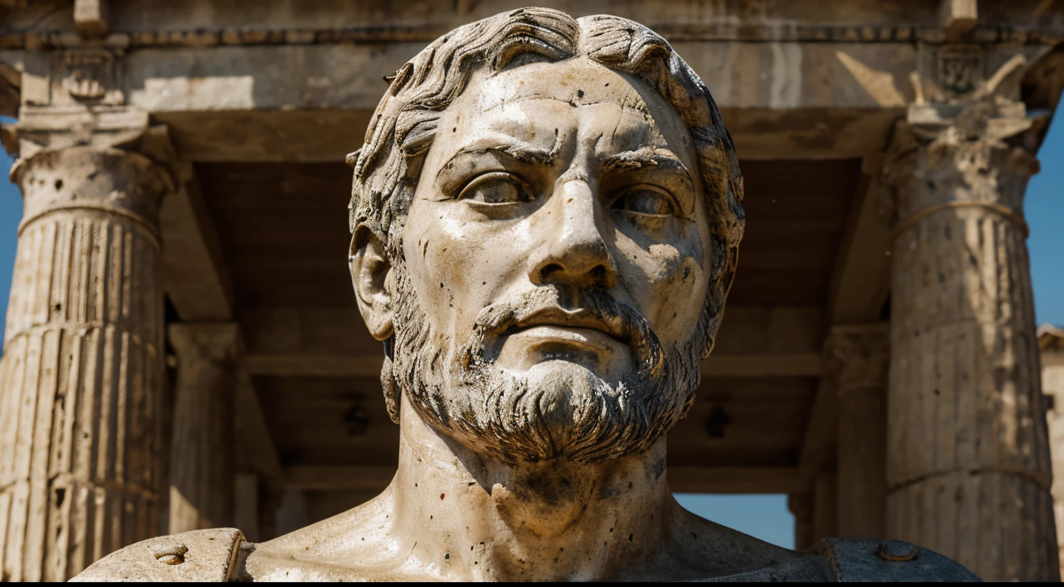 Ancient Stoic Statue With Very Angry Expression, tem barba, muitos detalhes em ambos os olhos, Outside, fundo atenas grego, open sky, com rosto extremamente detalhado full body view, Colors with low saturation with dark tone, Filmado em Sony A7S III com Sony FE 35mm f/1.8, 12.1 MP, --AR 3:2 --estilo cru
