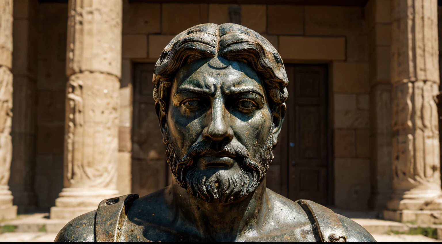 Ancient Stoic Statue With Very Angry Expression, tem barba, muitos detalhes em ambos os olhos, Outside, fundo atenas grego, open sky, com rosto extremamente detalhado full body view, Colors with low saturation with dark tone, Filmado em Sony A7S III com Sony FE 35mm f/1.8, 12.1 MP, --AR 3:2 --estilo cru