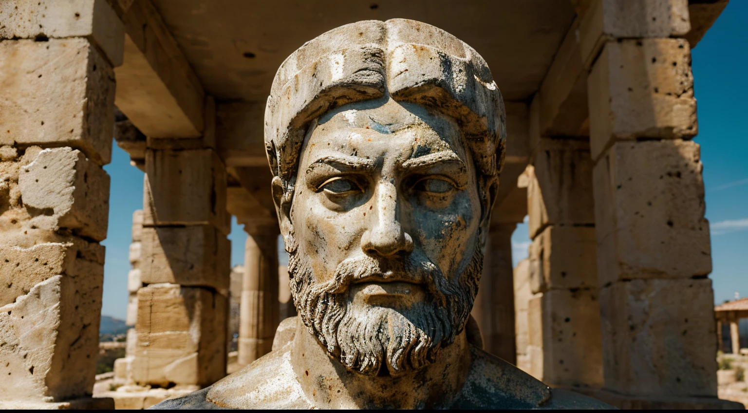 Ancient Stoic Statue With Very Angry Expression, tem barba, muitos detalhes em ambos os olhos, Outside, fundo atenas grego, open sky, com rosto extremamente detalhado full body view, Colors with low saturation with dark tone, Filmado em Sony A7S III com Sony FE 35mm f/1.8, 12.1 MP, --AR 3:2 --estilo cru