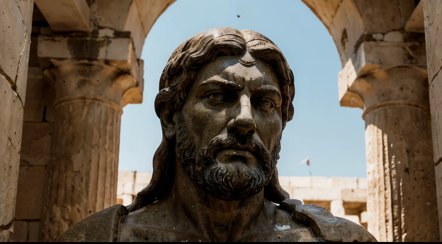 Ancient Stoic Statue With Very Angry Expression, tem barba, muitos detalhes em ambos os olhos, Outside, fundo atenas grego, open sky, com rosto extremamente detalhado full body view, Colors with low saturation with dark tone, Filmado em Sony A7S III com Sony FE 35mm f/1.8, 12.1 MP, --AR 3:2 --estilo cru