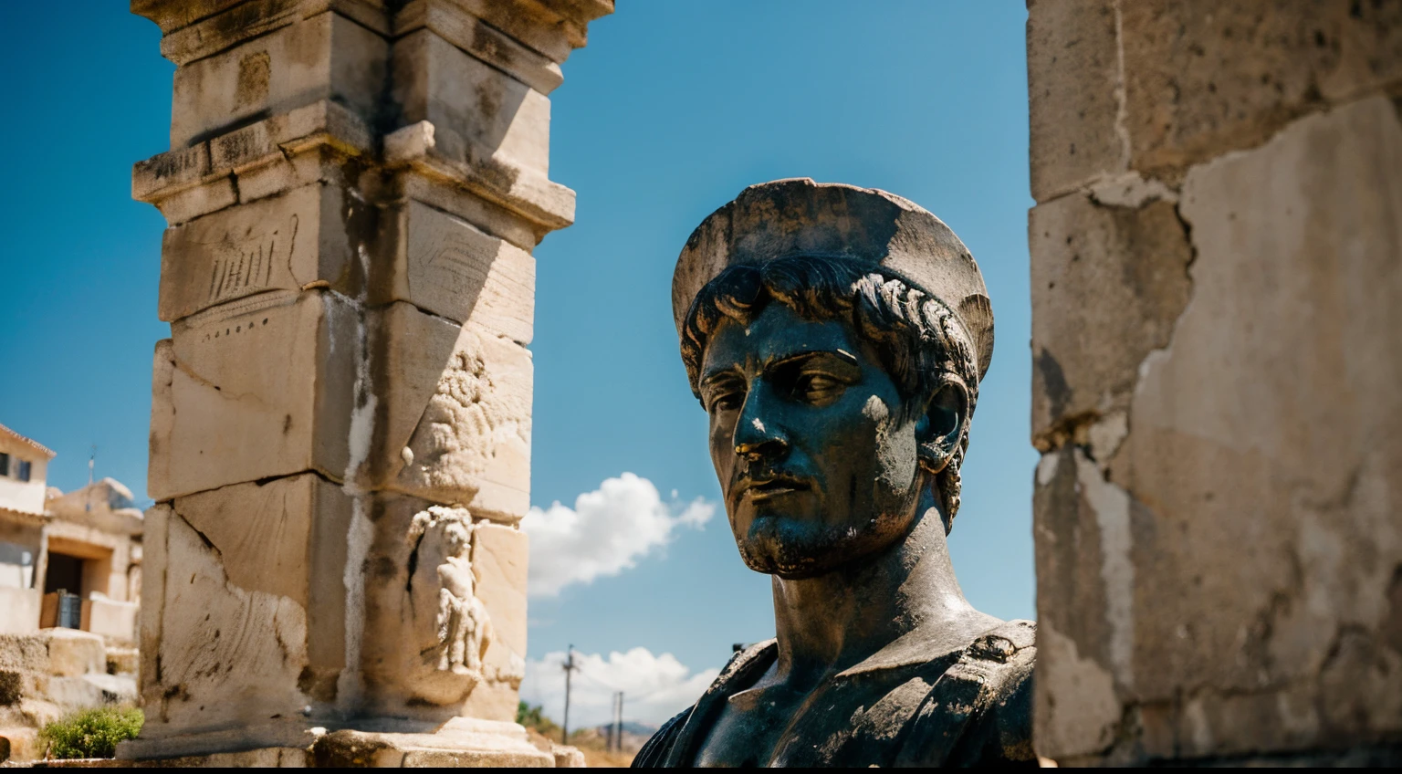 Stone statue sculpture of the emperor of the Bright Empire,Dressed in a marshal uniform,Holding a long sword,Sit upright in a chair。Background of the Temple of Jupiter Capitoline on Capitoline Hill in Rome,A Greek statue resembling Ares, foreground, 8K,
