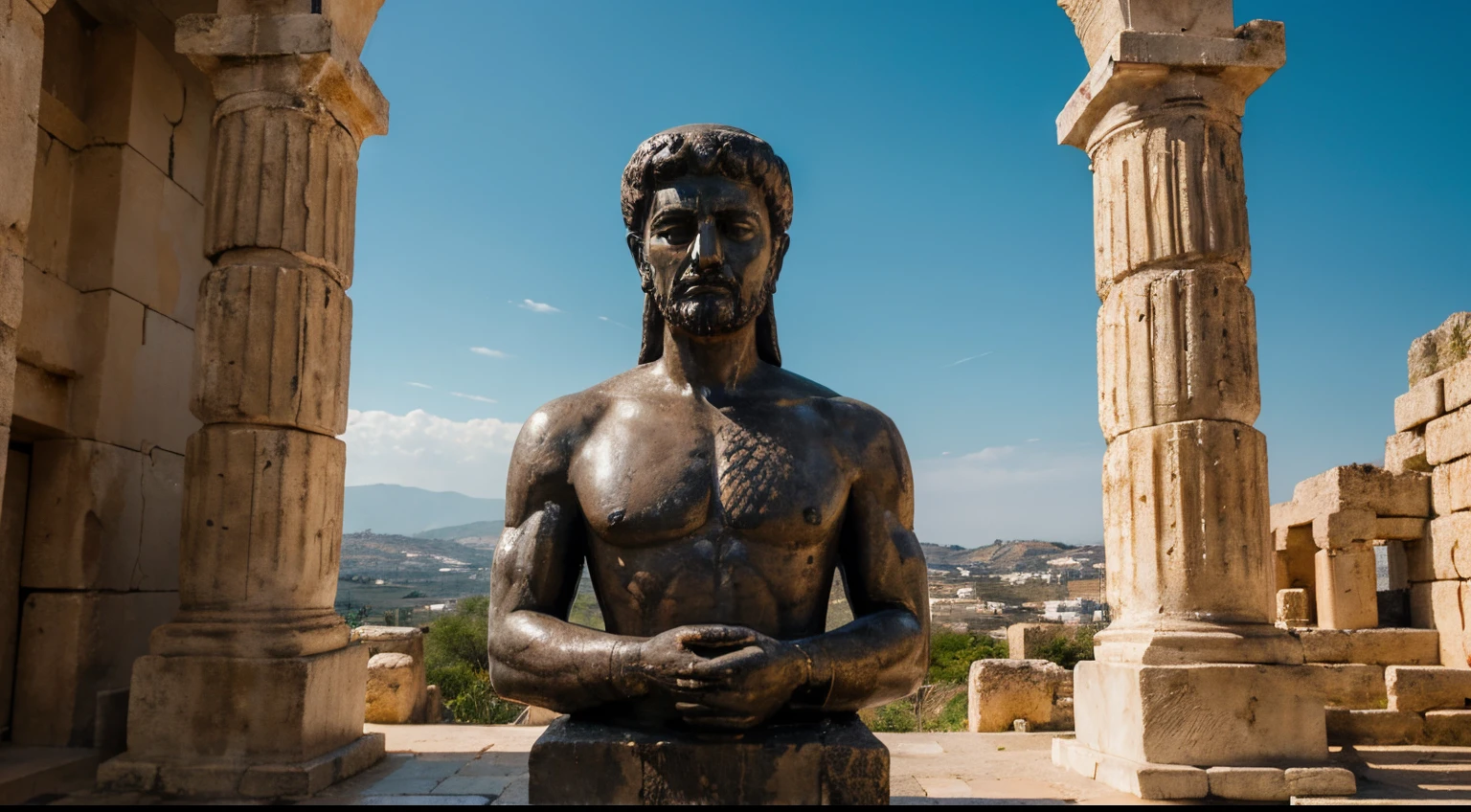 Ancient Stoic Statue With Very Angry Expression, tem barba, muitos detalhes em ambos os olhos, Outside, fundo atenas grego, open sky, com rosto extremamente detalhado full body view, Colors with low saturation with dark tone, Filmado em Sony A7S III com Sony FE 35mm f/1.8, 12.1 MP, --AR 3:2 --estilo cru