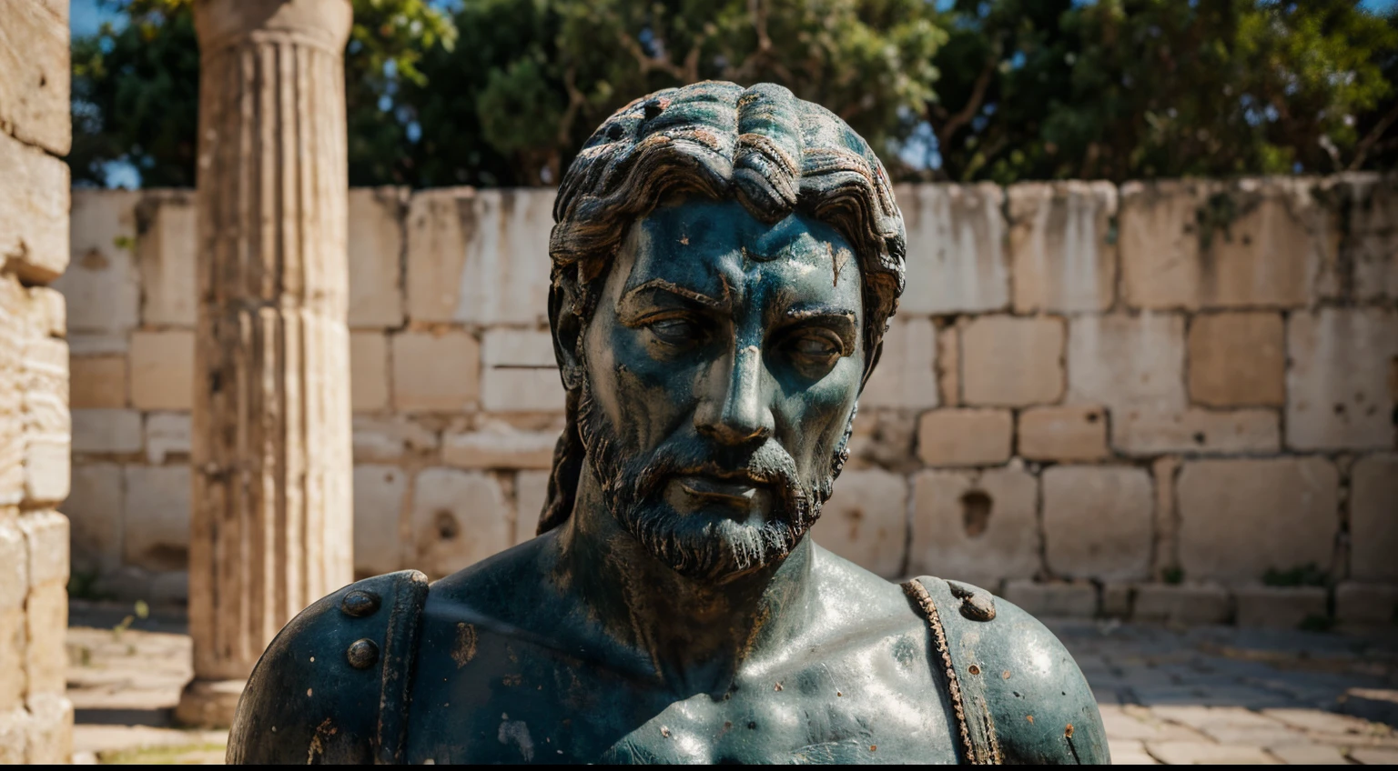 Ancient Stoic Statue With Very Angry Expression, tem barba, muitos detalhes em ambos os olhos, Outside, fundo atenas grego, open sky, com rosto extremamente detalhado full body view, Colors with low saturation with dark tone, Filmado em Sony A7S III com Sony FE 35mm f/1.8, 12.1 MP, --AR 3:2 --estilo cru