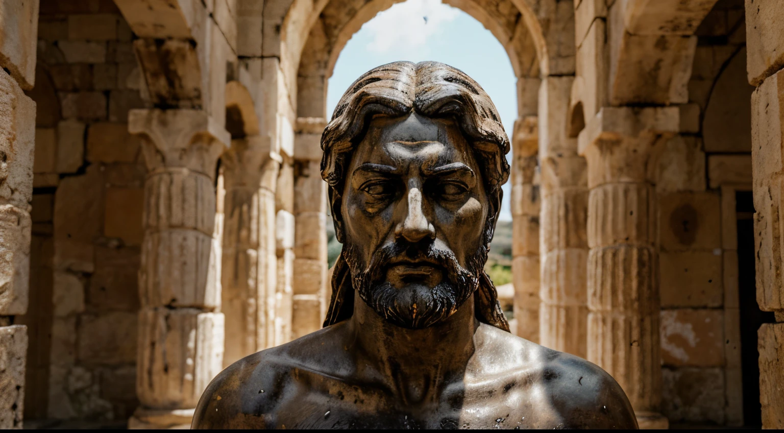 Ancient Stoic Statue With Very Angry Expression, tem barba, muitos detalhes em ambos os olhos, Outside, fundo atenas grego, open sky, com rosto extremamente detalhado full body view, Colors with low saturation with dark tone, Filmado em Sony A7S III com Sony FE 35mm f/1.8, 12.1 MP, --AR 3:2 --estilo cru