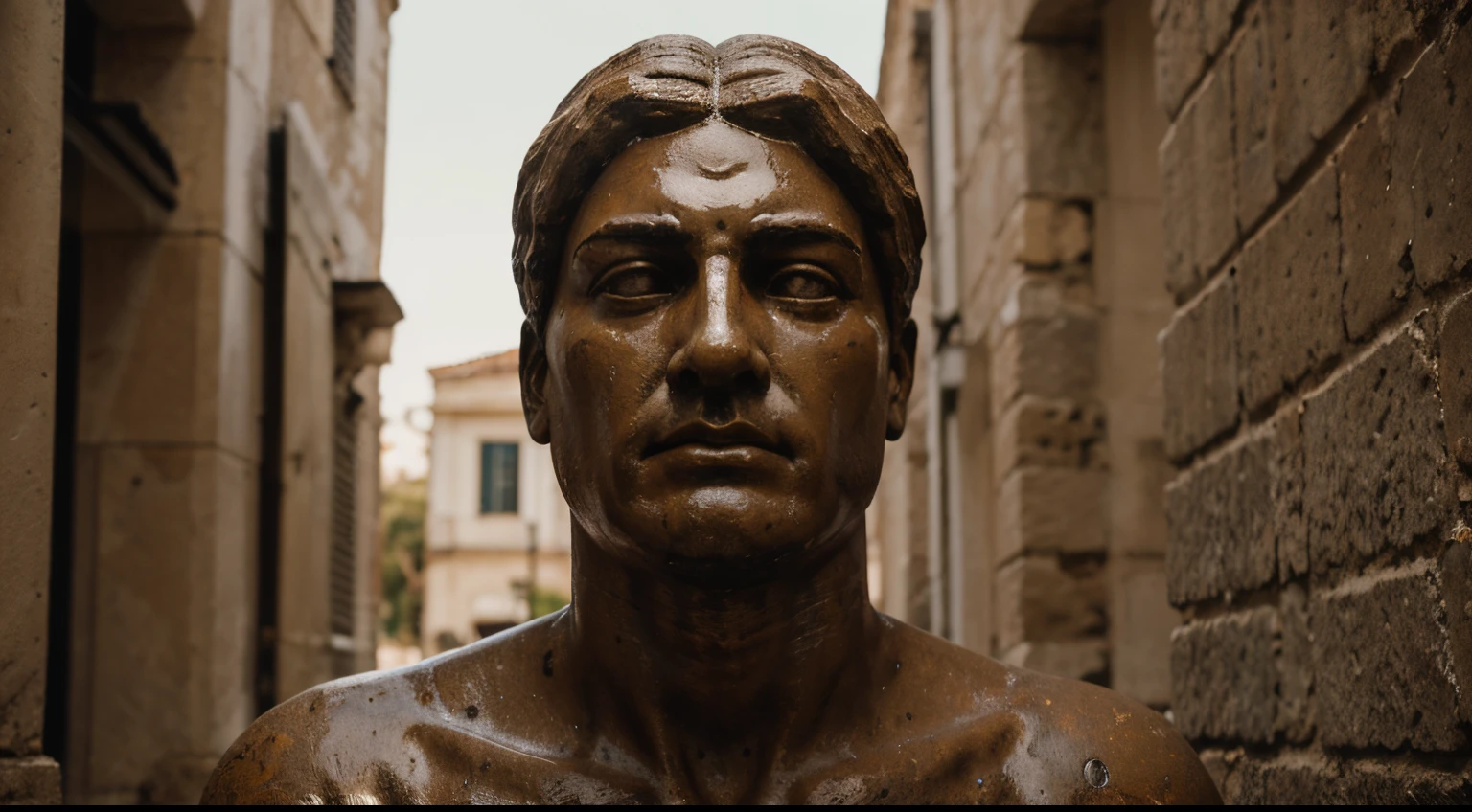 Ancient Stoic Statue With Very Angry Expression, tem barba, muitos detalhes em ambos os olhos, Outside, fundo atenas grego, open sky, com rosto extremamente detalhado full body view, Colors with low saturation with dark tone, Filmado em Sony A7S III com Sony FE 35mm f/1.8, 12.1 MP, --AR 3:2 --estilo cru