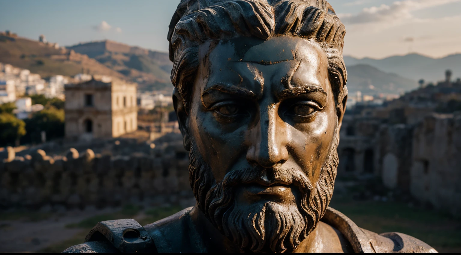 Ancient Stoic Statue With Very Angry Expression, tem barba, muitos detalhes em ambos os olhos, Outside, fundo atenas grego, open sky, com rosto extremamente detalhado full body view, Colors with low saturation with dark tone, Filmado em Sony A7S III com Sony FE 35mm f/1.8, 12.1 MP, --AR 3:2 --estilo cru