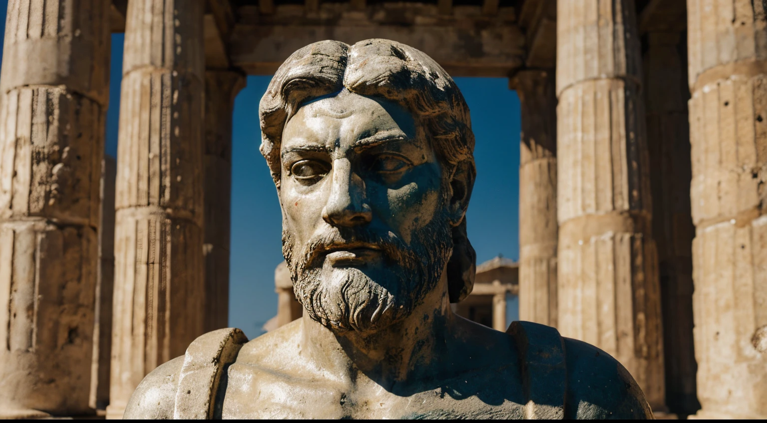 Ancient Stoic Statue With Very Angry Expression, tem barba, muitos detalhes em ambos os olhos, Outside, fundo atenas grego, open sky, com rosto extremamente detalhado full body view, Colors with low saturation with dark tone, Filmado em Sony A7S III com Sony FE 35mm f/1.8, 12.1 MP, --AR 3:2 --estilo cru