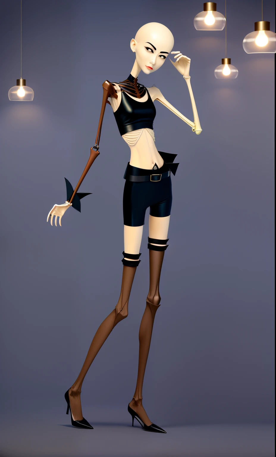 very thin woman,A thin body,Protruding sternum,The waist is very thin,The ribs are noticeable,Protruding ribs,The pelvic protrusion is very obvious,The pelvis is wide,flat drum,Legs are just skin and bones,thin shoulde,The waist is very thin,Sunken abdomen,Delicate arms,arm muscle atrophy,hunger,Knee bulge,sunken lower abdomen,with short brown hair,Wear tight shiny leather pants,wear a belt,Expose your heels,wearing tight silk clothes,Wear black pleated stockings,Wear slippers,Asia face,angry look,Excessive weight loss,The face is sunken and thin,Severe malnutrition,Realisticstyle