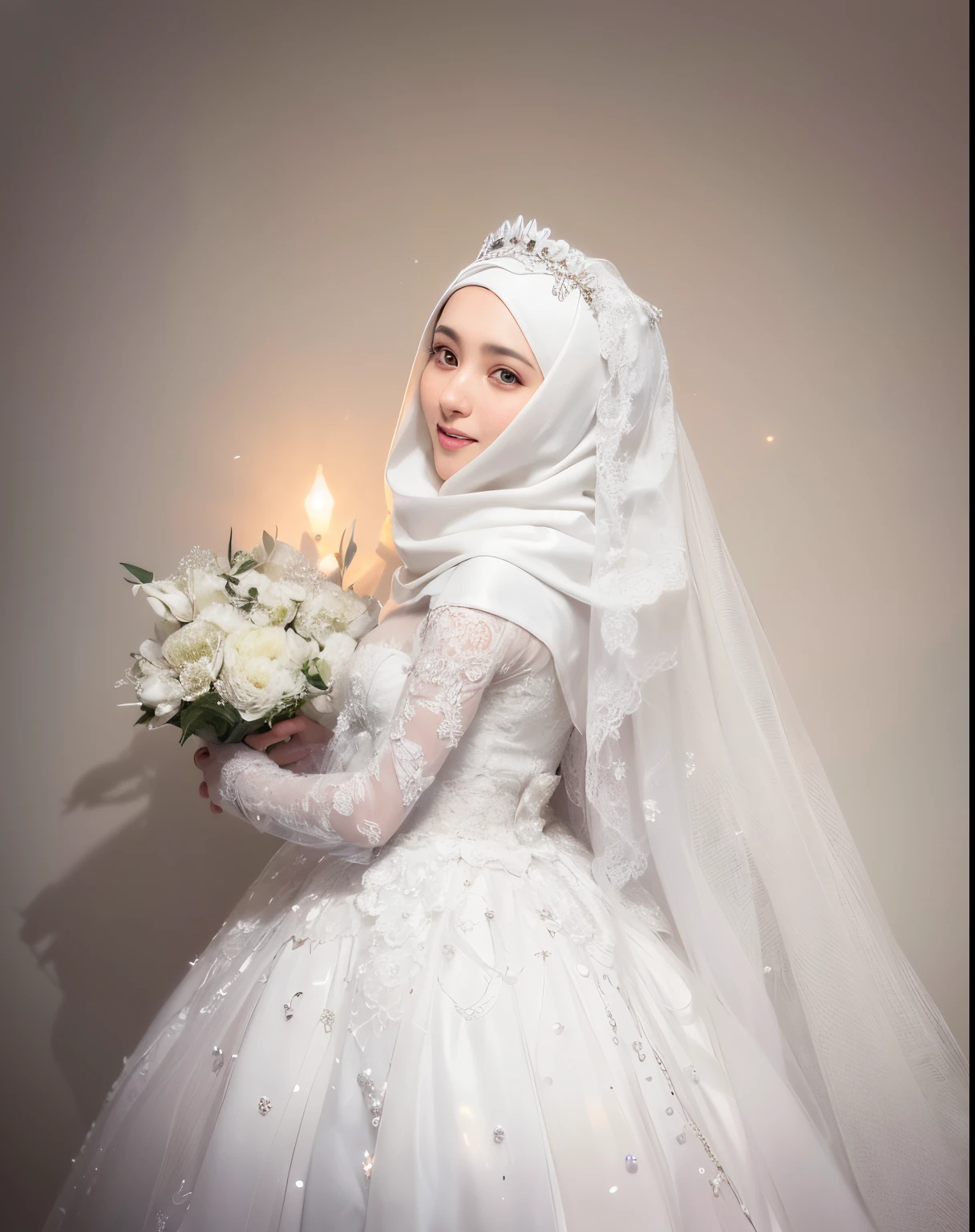 bride in a white wedding dress holding a bouquet of flowers, white hijab, dilraba dilmurat, veil, wedding dress, emir, hana alisa omer, wearing a wedding dress, yan morala, inspired by Ayshia Taşkın, how pretty, hijab, bride, full dress, wearing translucent veils, orthodox, jeweled veil
